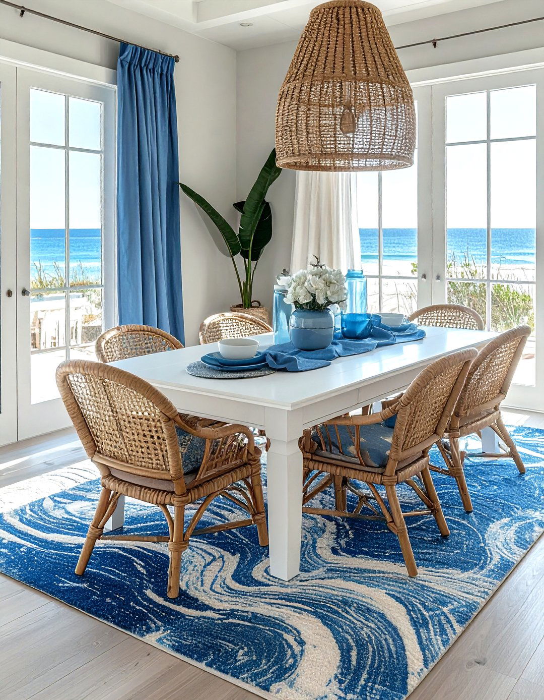 Coastal Blue Rug Dining Room - 30 colorful rug dining room ideas