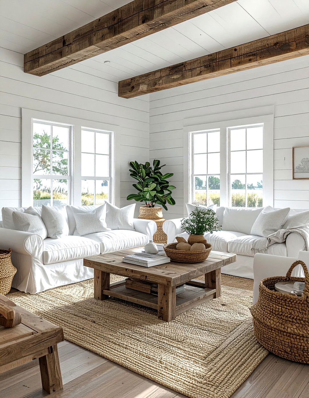Coastal Farmhouse White Living Room - 30 coastal white living room ideas