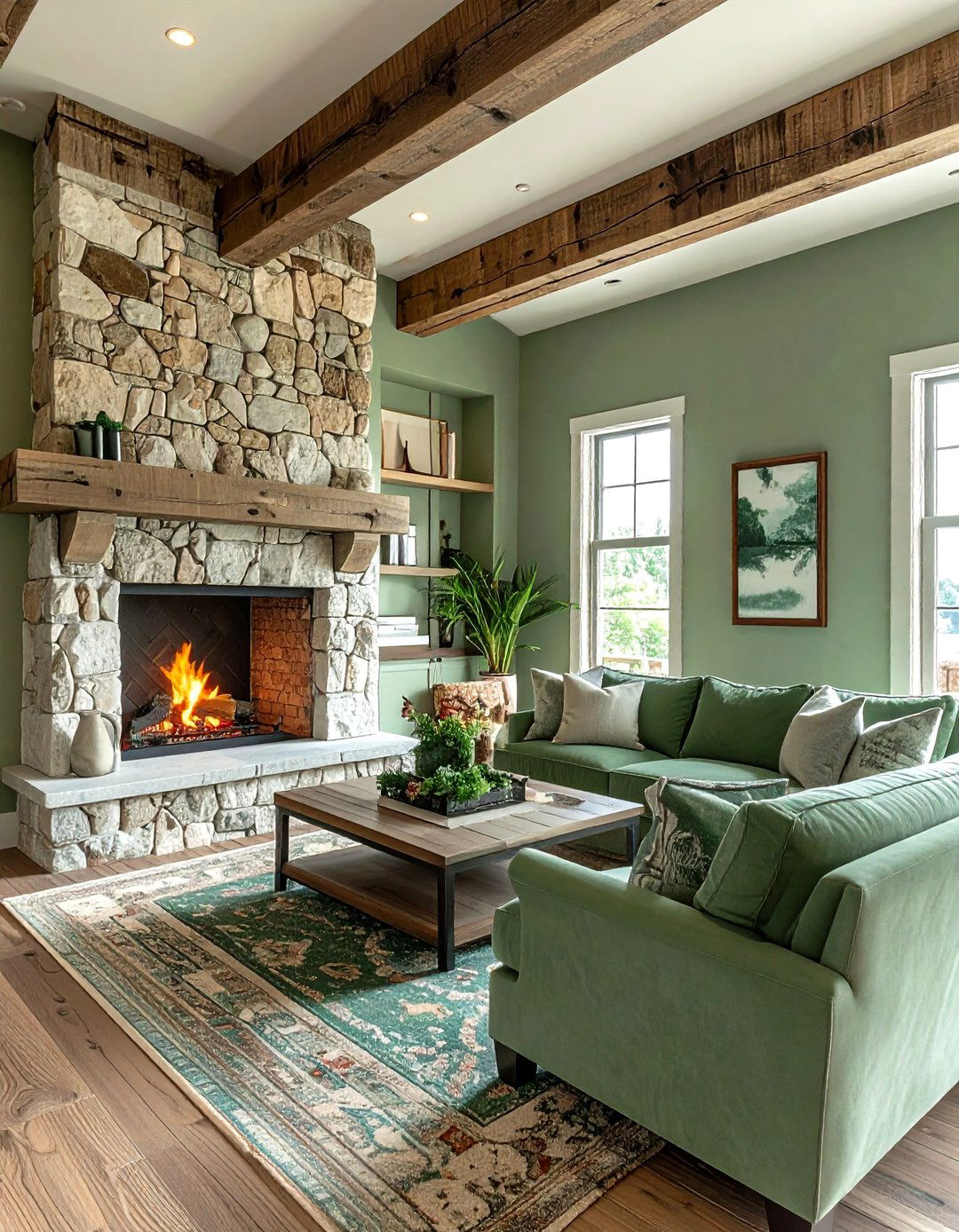 Coastal Green Living Room With Wood Beams - 30 coastal green living room ideas