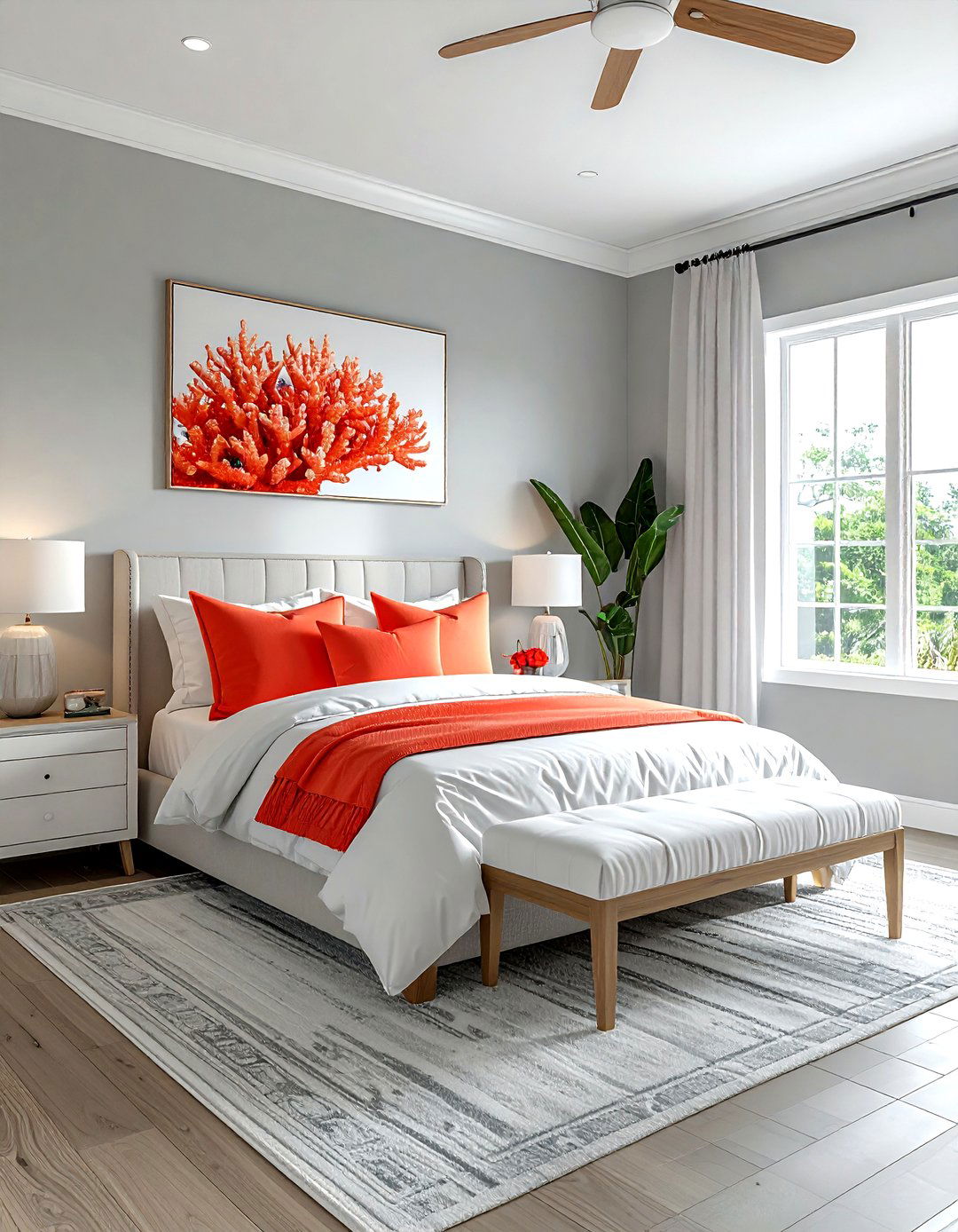 Coastal Grey with Coral Accents - 30 coastal grey bedroom ideas