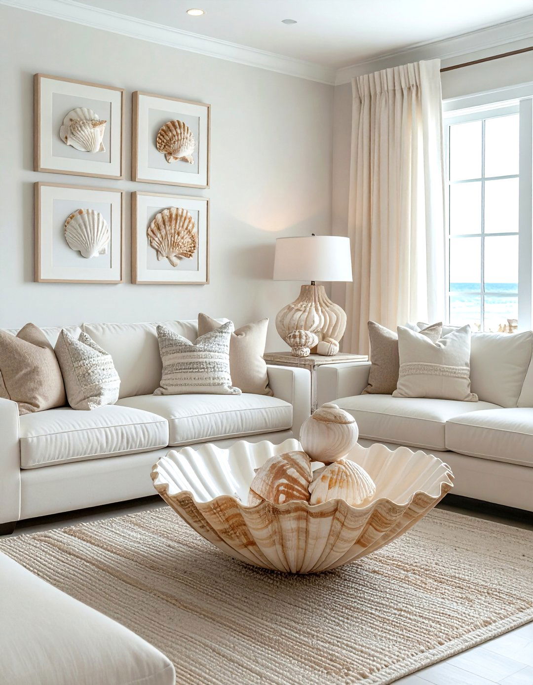 Coastal Living Room With Sea Shell Decor - 30 coastal beige living room ideas