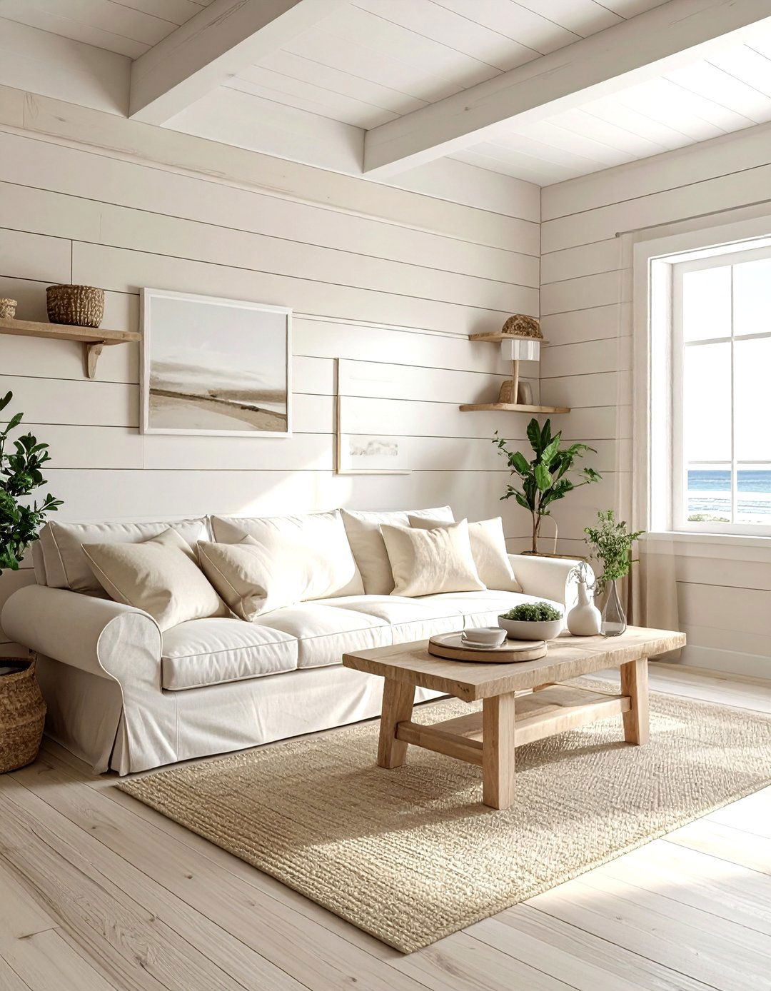 Coastal Living Room With Shiplap Walls - 30 coastal beige living room ideas