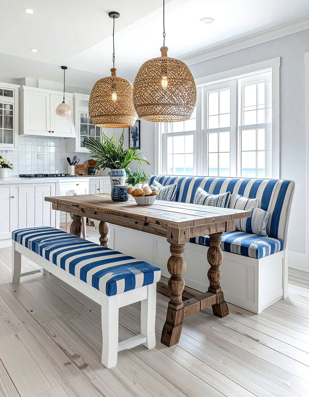 Coastal Striped Bench - 30 upholstered dining bench ideas