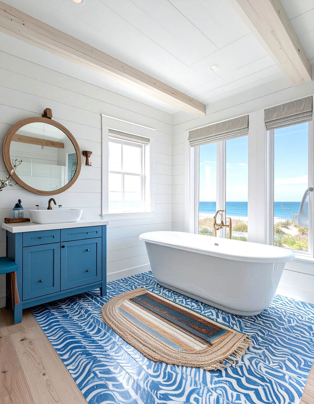 Coastal bathroom with blue encaustic tile - 30 encaustic tile bathroom ideas