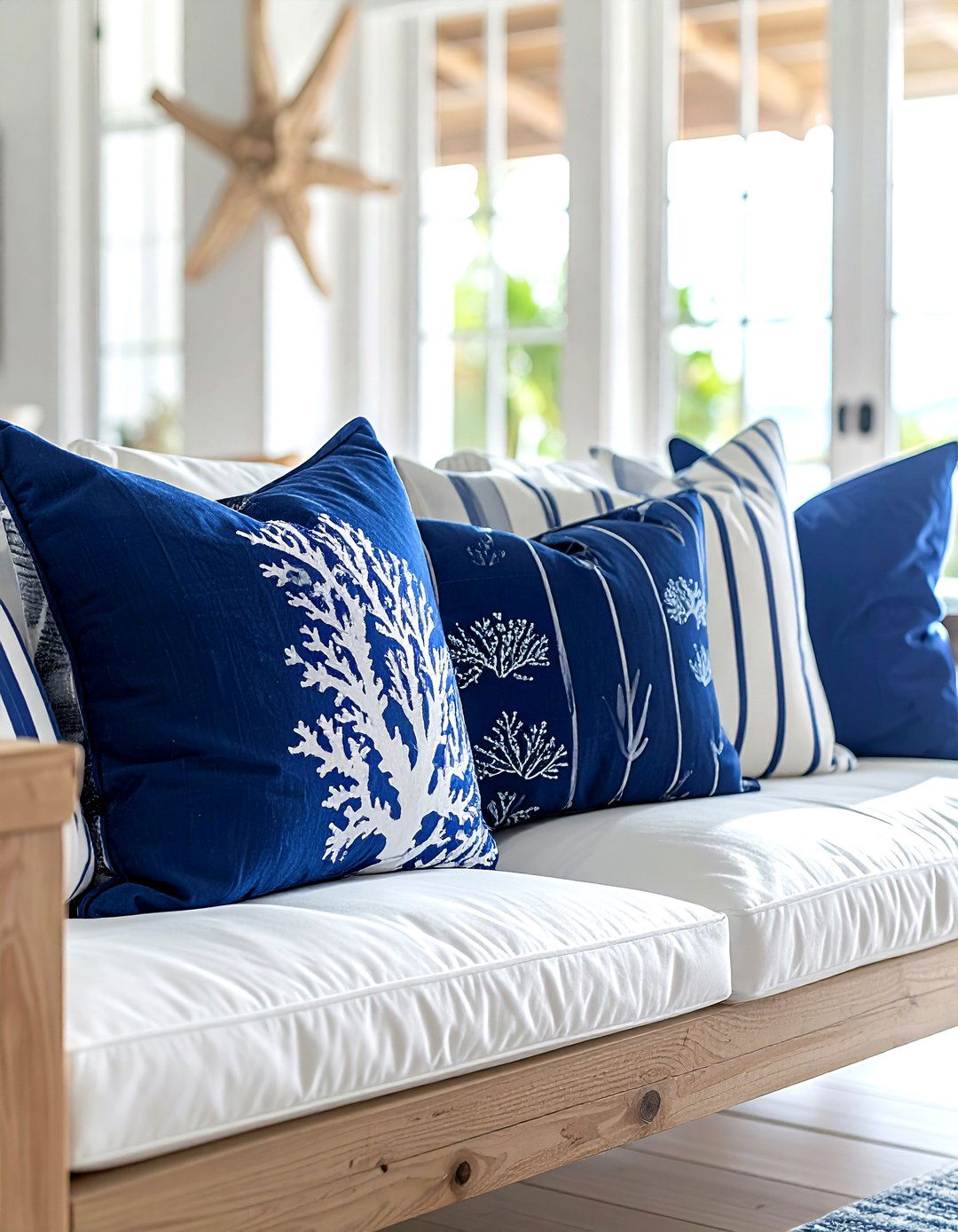 Coastal blue and white pillows - 30 pillow styling ideas