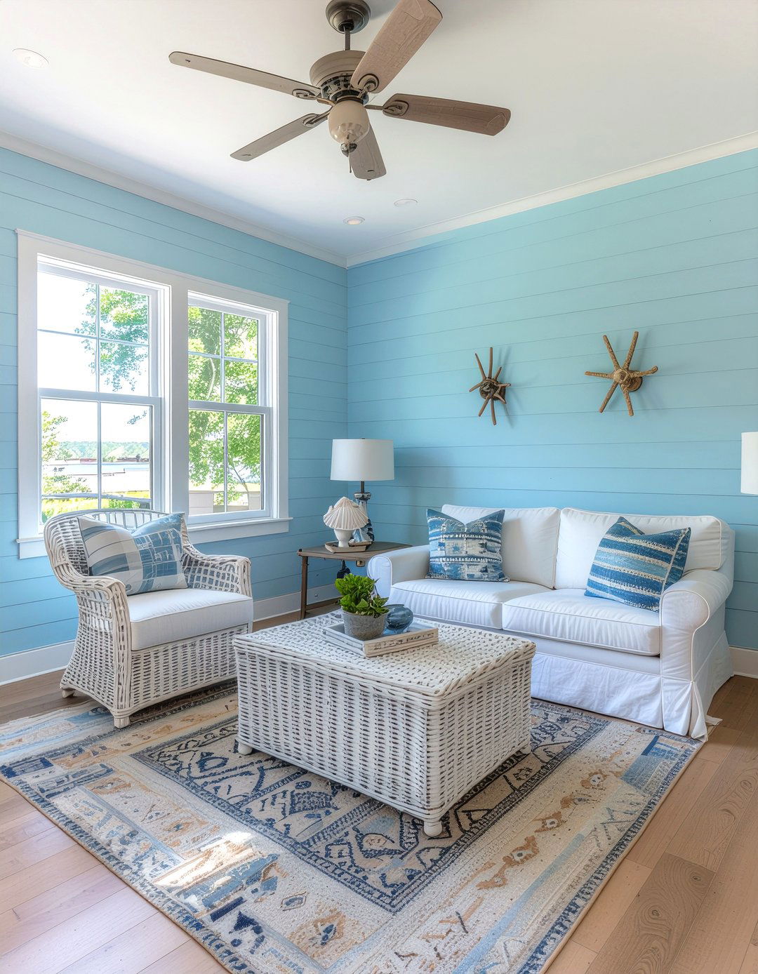 Coastal blue beadboard walls - 30 living room beadboard ideas