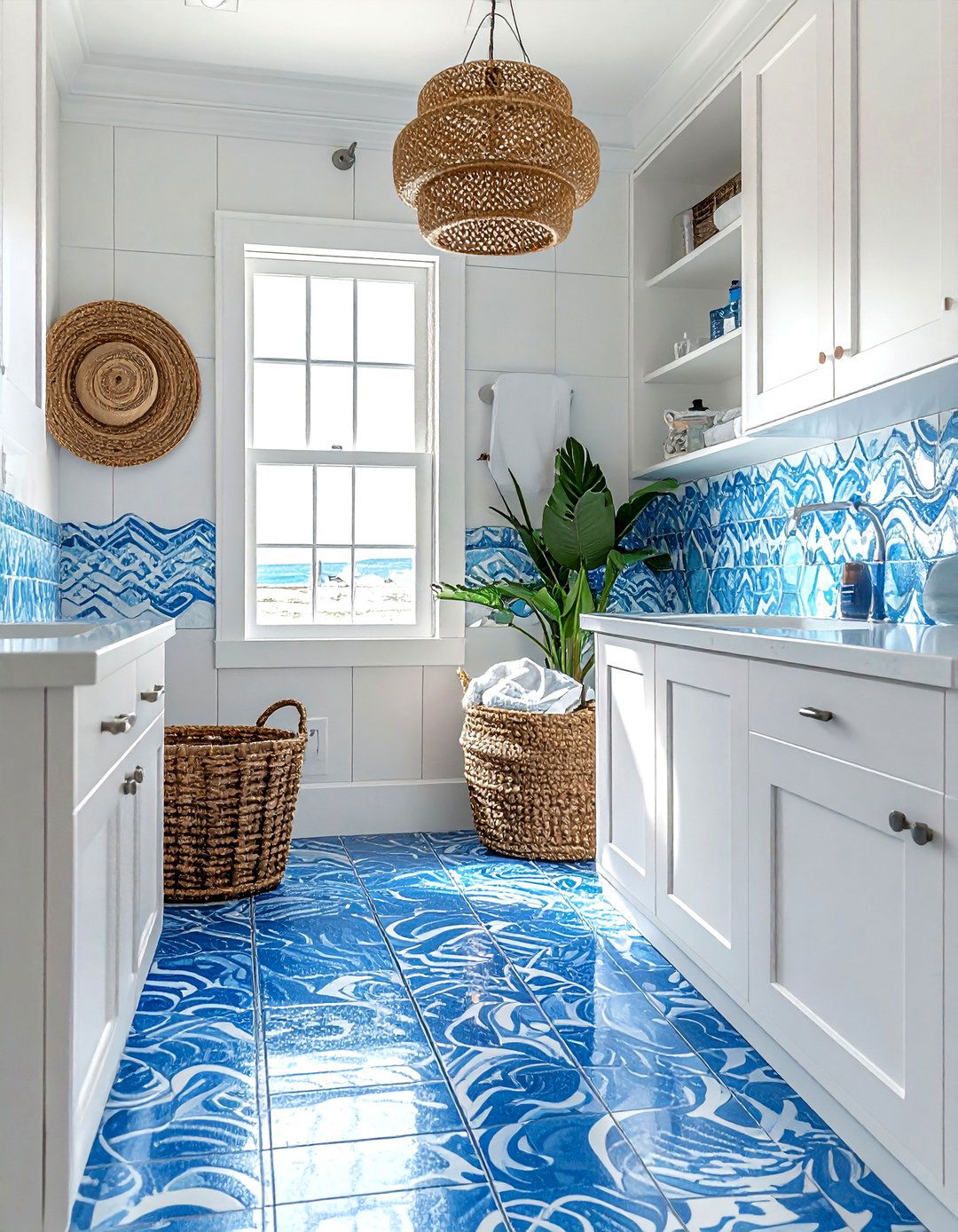 Coastal blue patterned bathroom tile - 30 patterned tile bathroom ideas