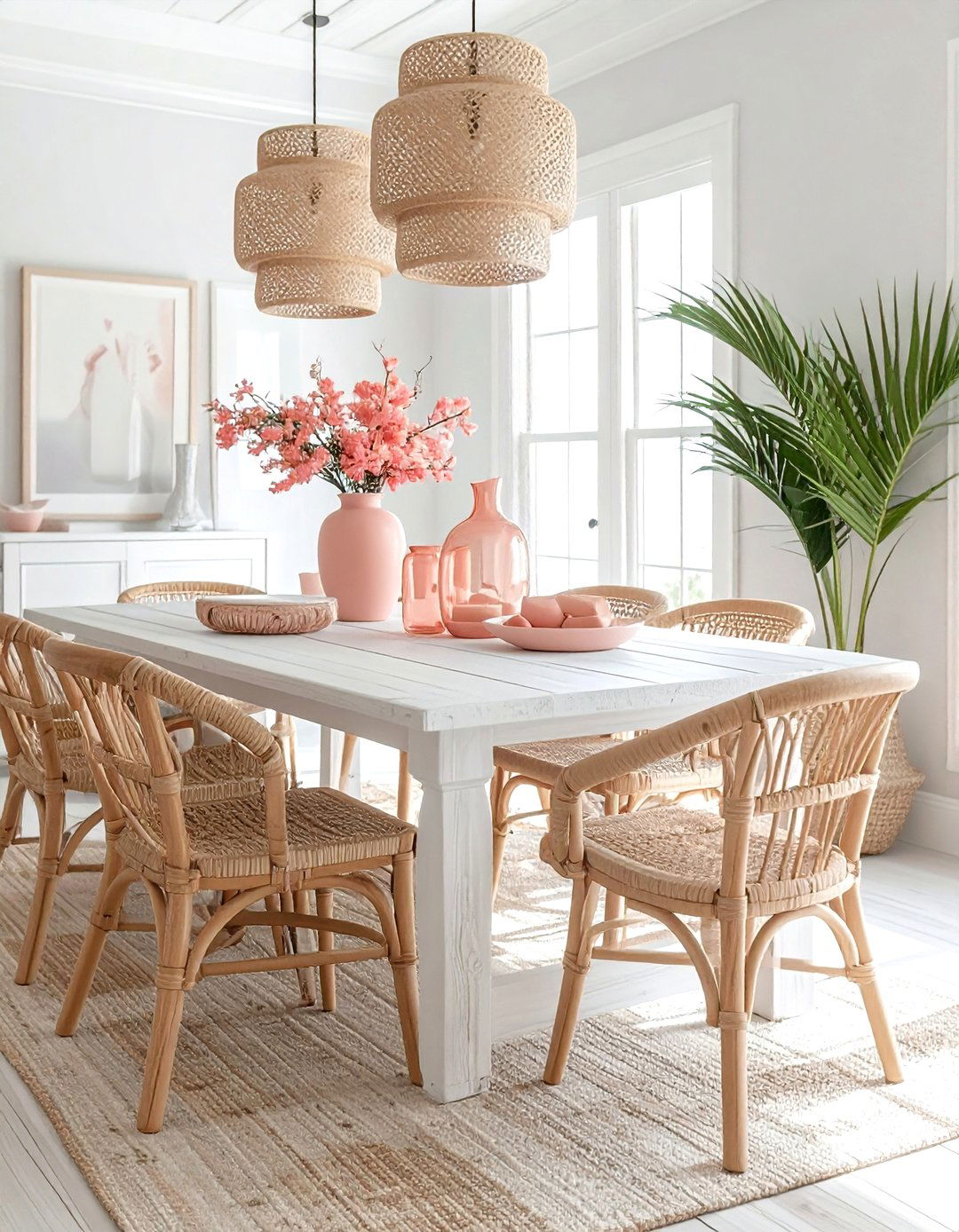 Coastal blush white dining - 30 blush and white dining room ideas