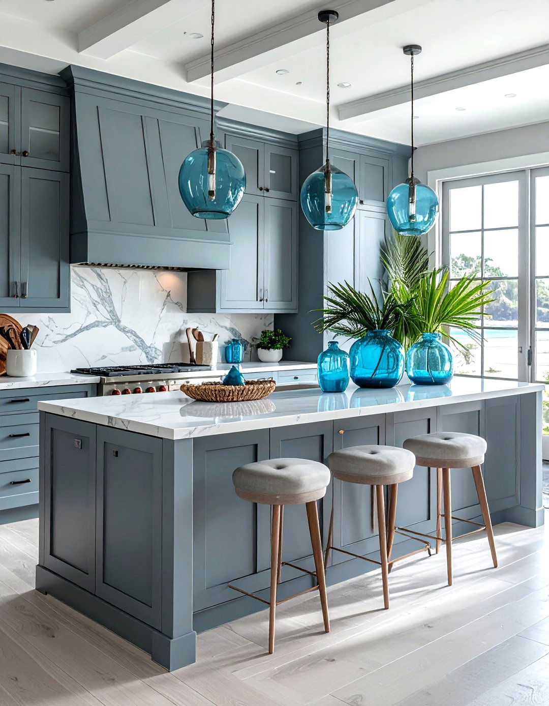 Coastal grey kitchen with blue glass accents - 30 grey kitchen accessories ideas