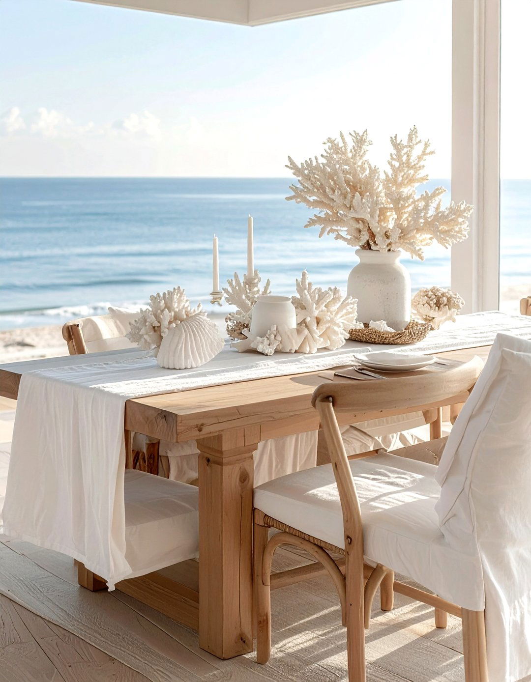 Coastal light wood table white linen - 30 brown and white dining room ideas