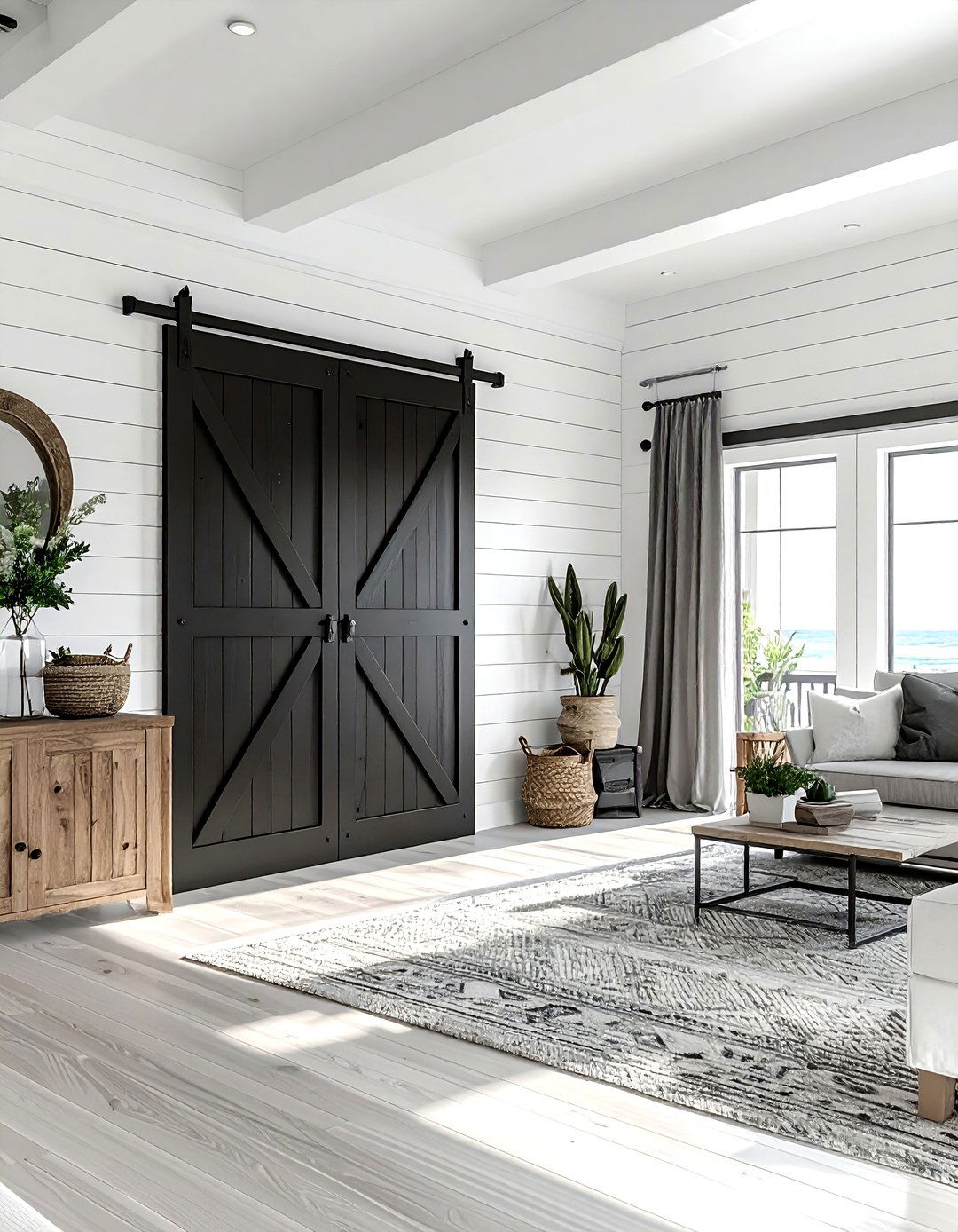 Coastal living room black sliding barn door - 30 coastal black living room ideas