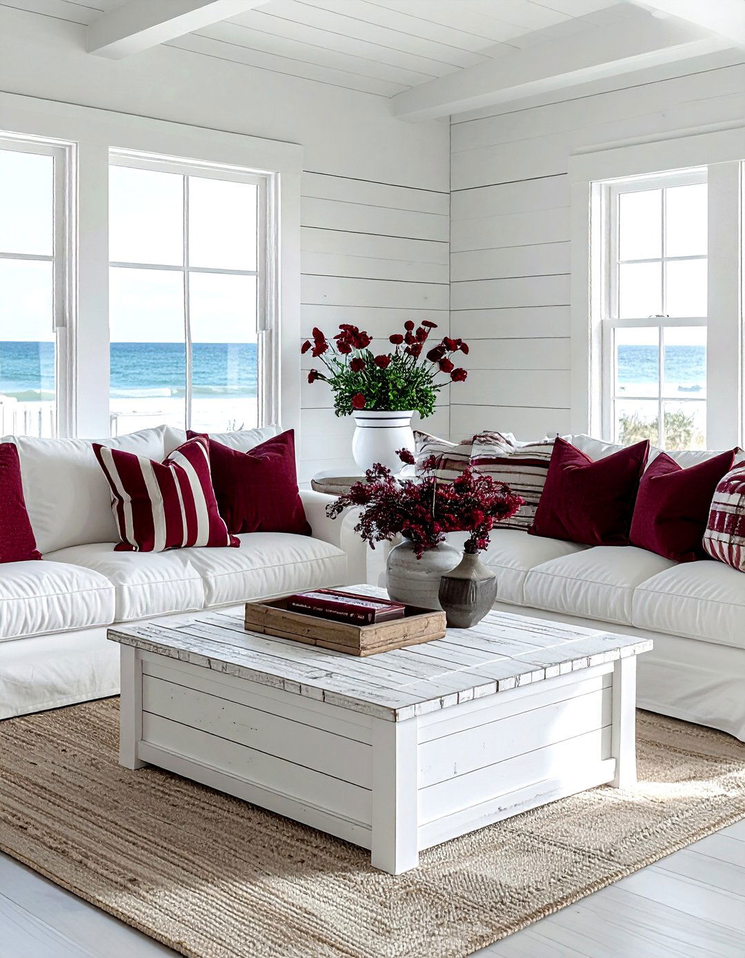 Coastal living room burgundy accents - 30 burgundy and white living room ideas