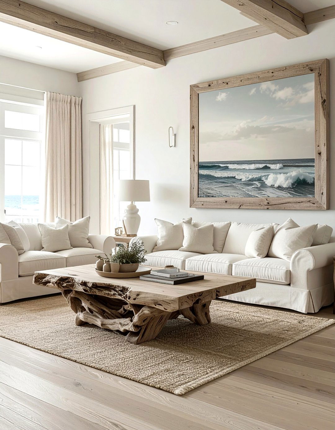 Coastal living room with driftwood - 30 coastal cream living room ideas