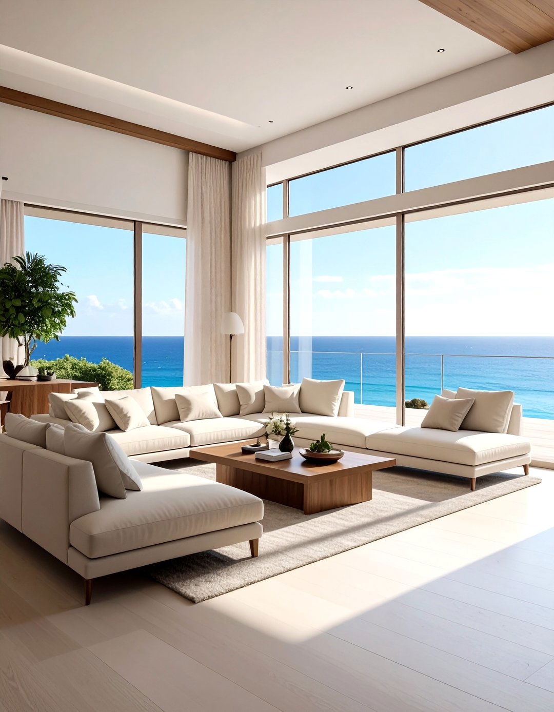 Coastal living room with large windows - 30 coastal cream living room ideas