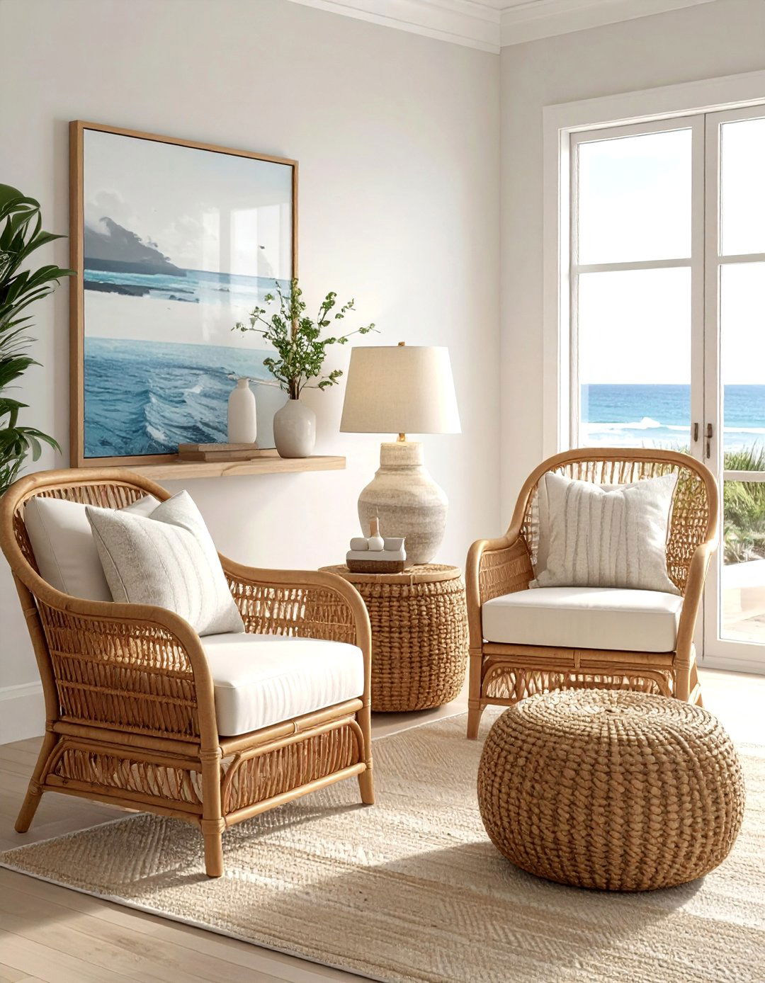 Coastal living room with rattan - 30 coastal cream living room ideas