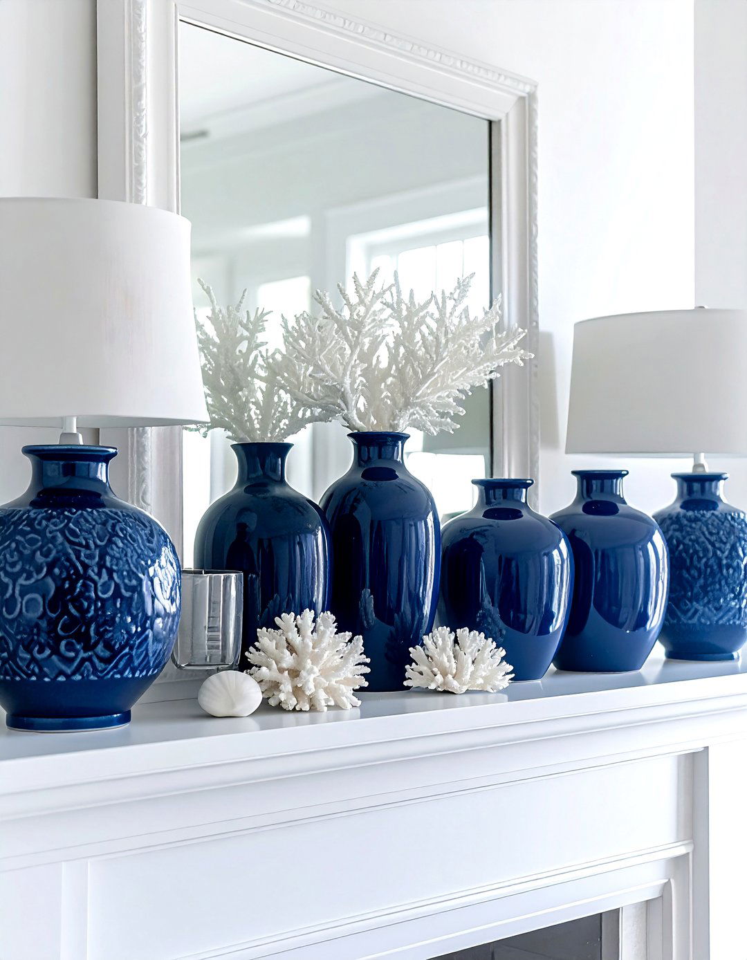 Coastal mantle decor - 30 coastal navy living room ideas