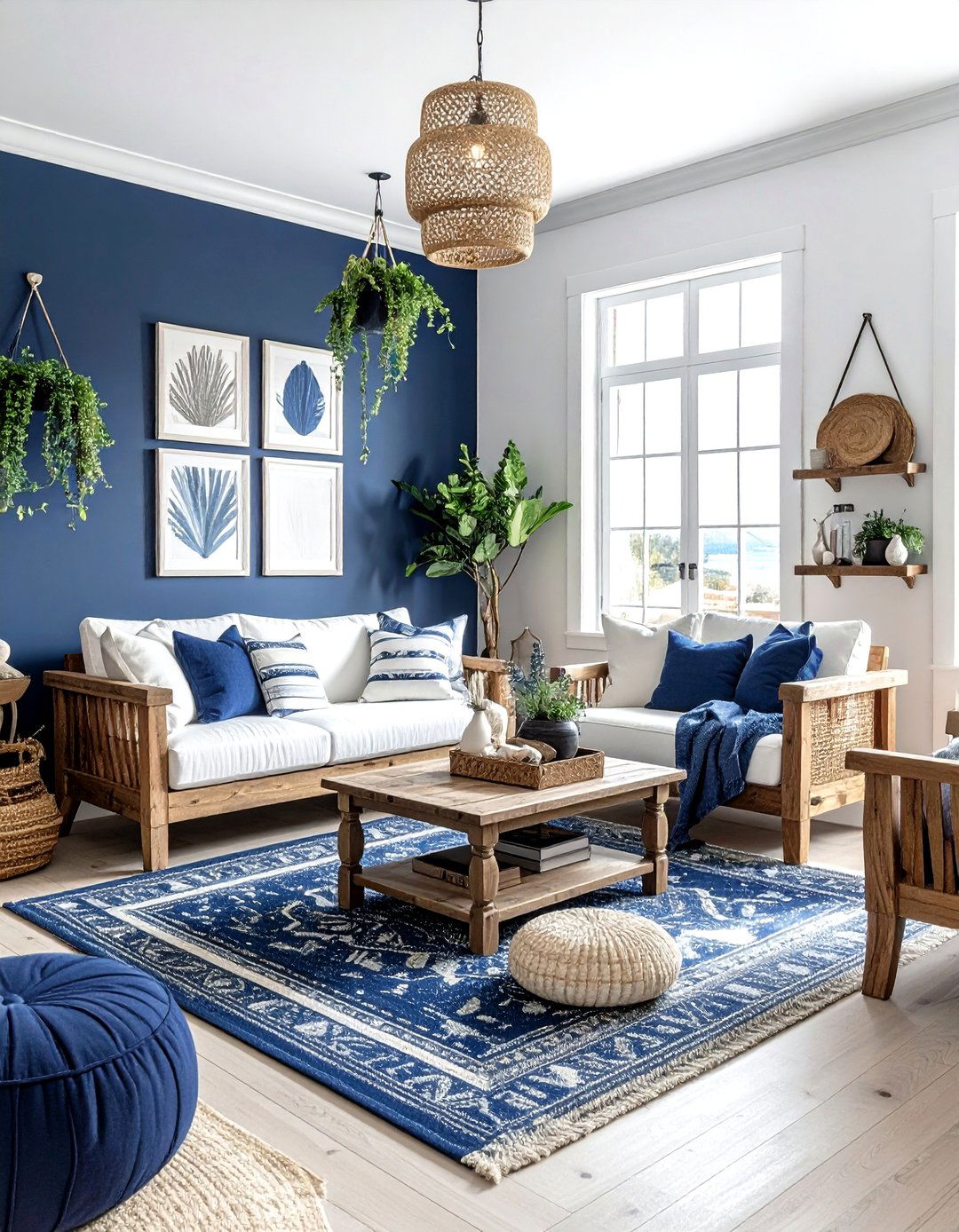 Coastal navy boho living room - 30 bohemian navy living room ideas