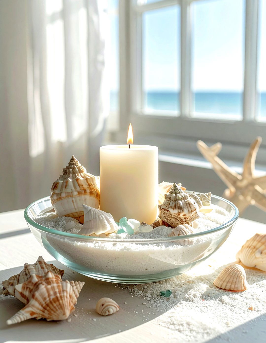 Coastal seashell candle bowl - 30 candle arrangement ideas