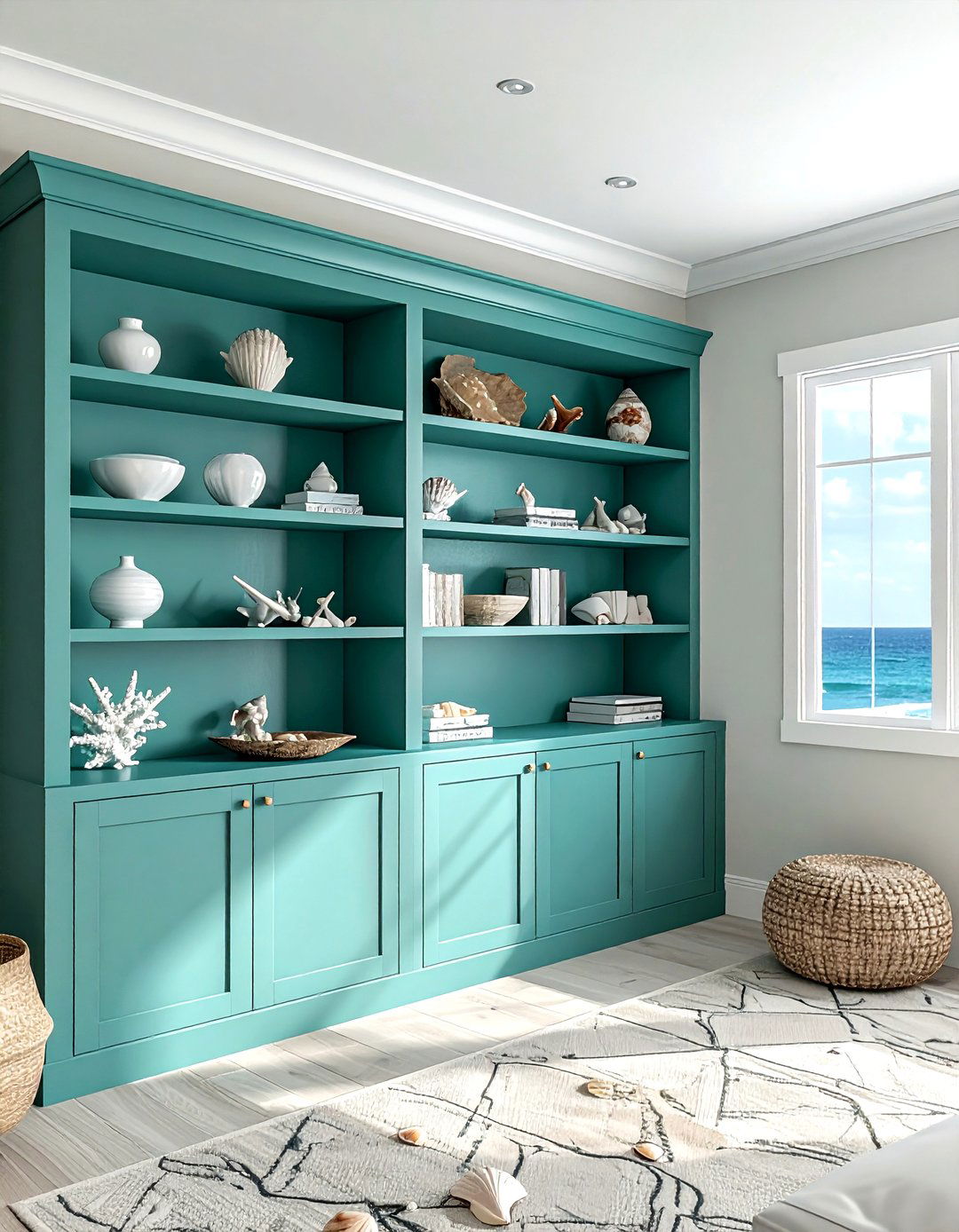 Coastal teal shelving living room - 30 coastal teal living room ideas