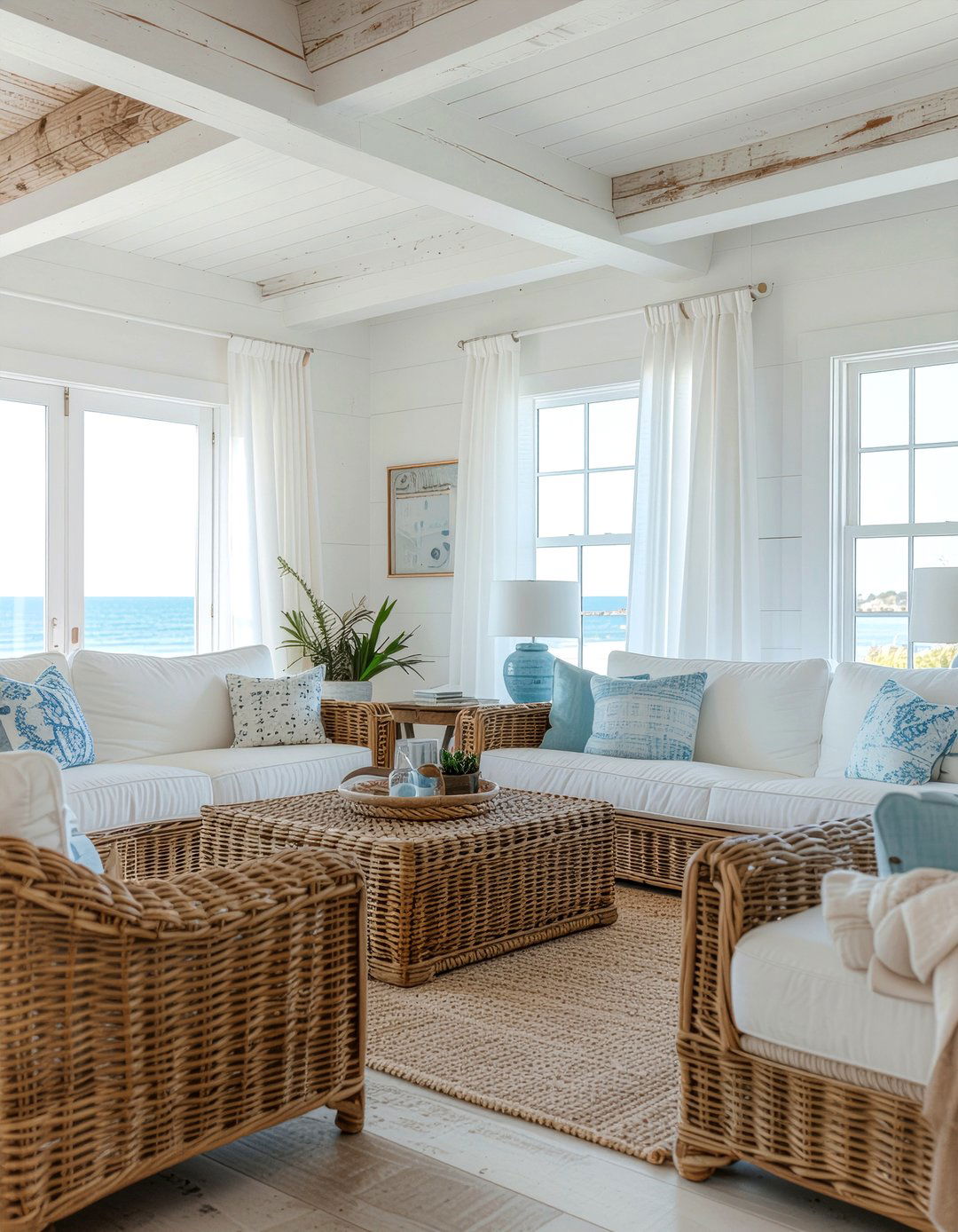 Coastal whitewashed wood beams - 30 exposed beam living room ideas