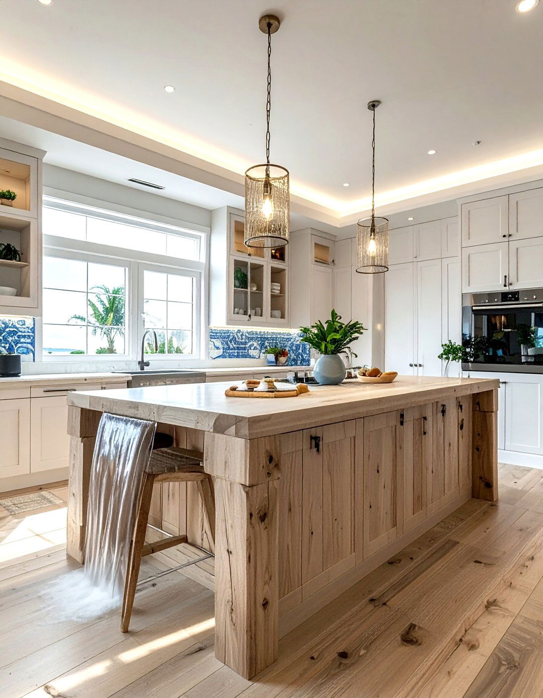 Coastal wood waterfall countertop - 30 waterfall countertop kitchen ideas