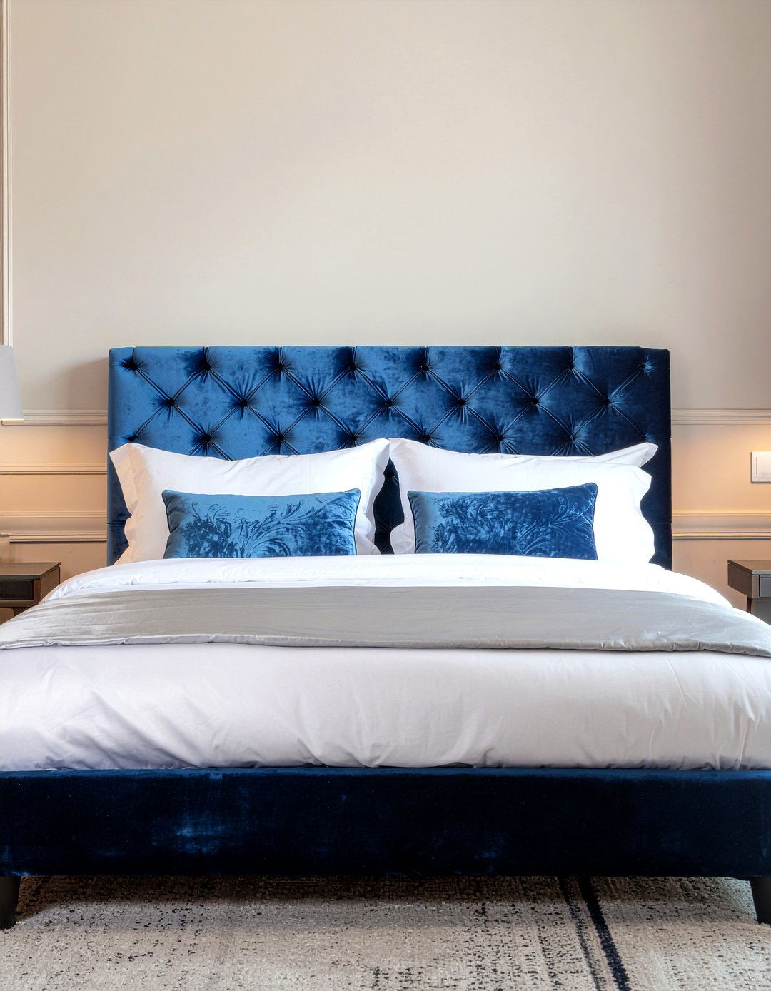 Cobalt blue velvet headboard - 30 cobalt bedroom ideas