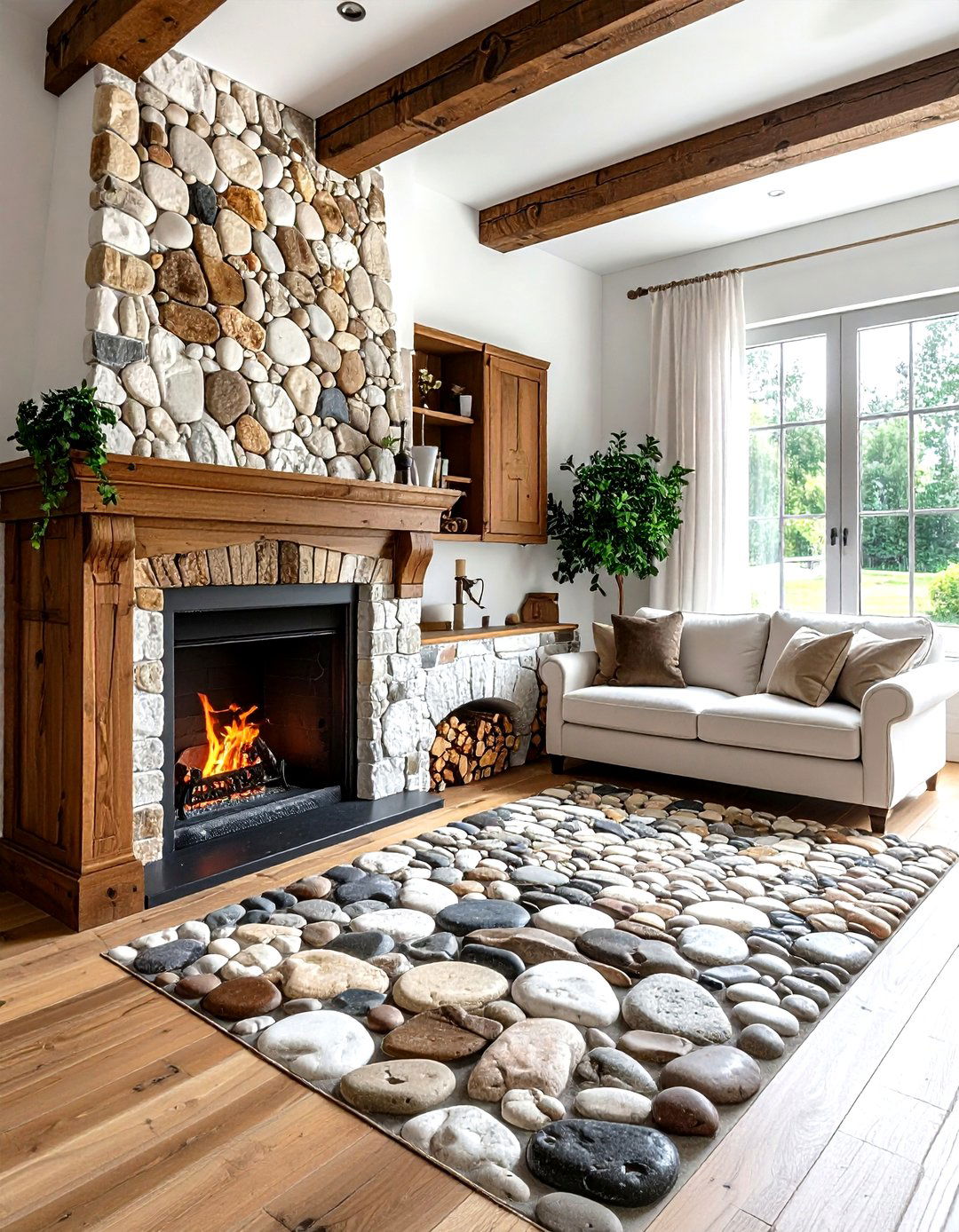 Cobblestone Accent Wall - 30 living room stone wall ideas