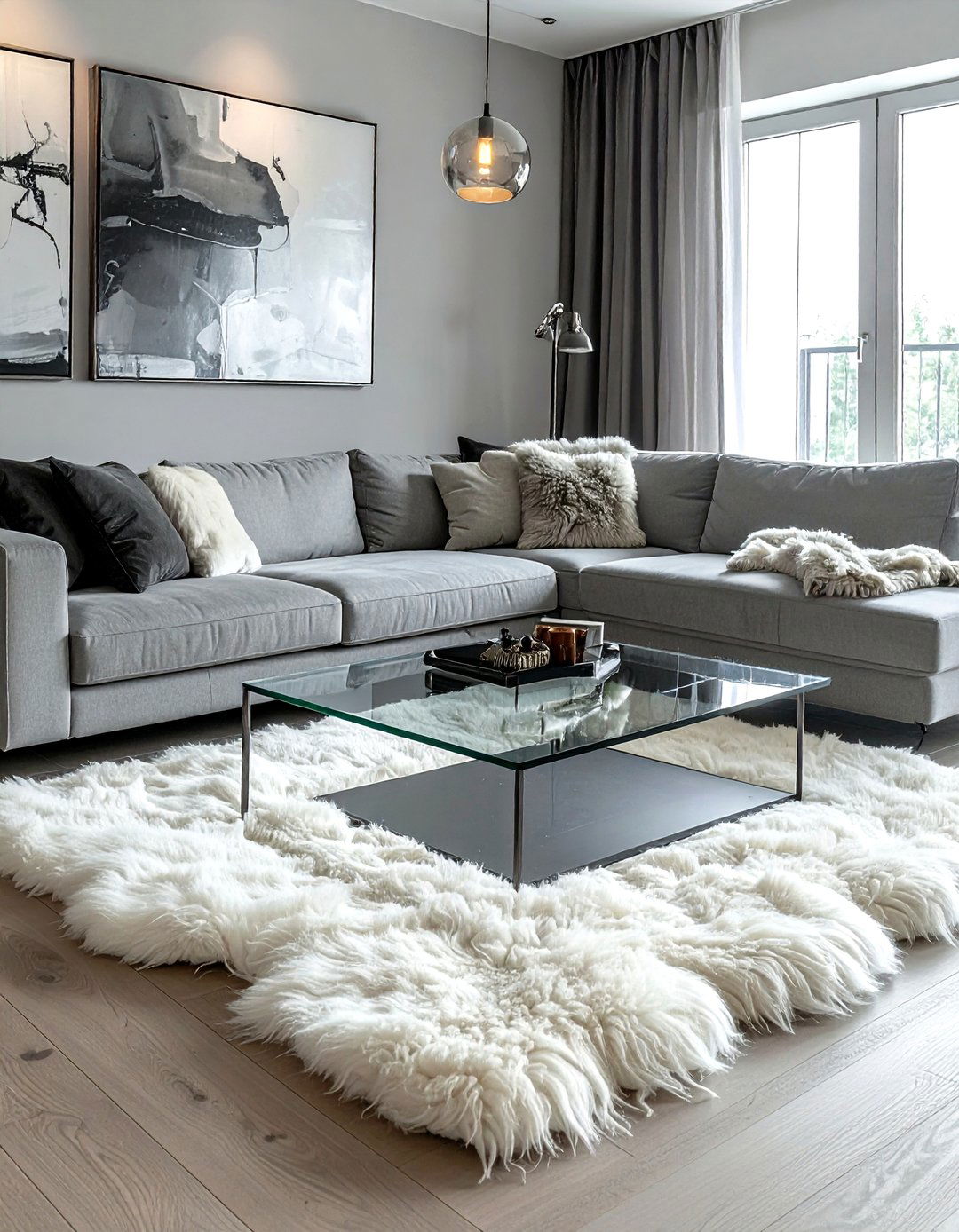 Coffee table area with sheepskin rug - 30 sheepskin rug ideas