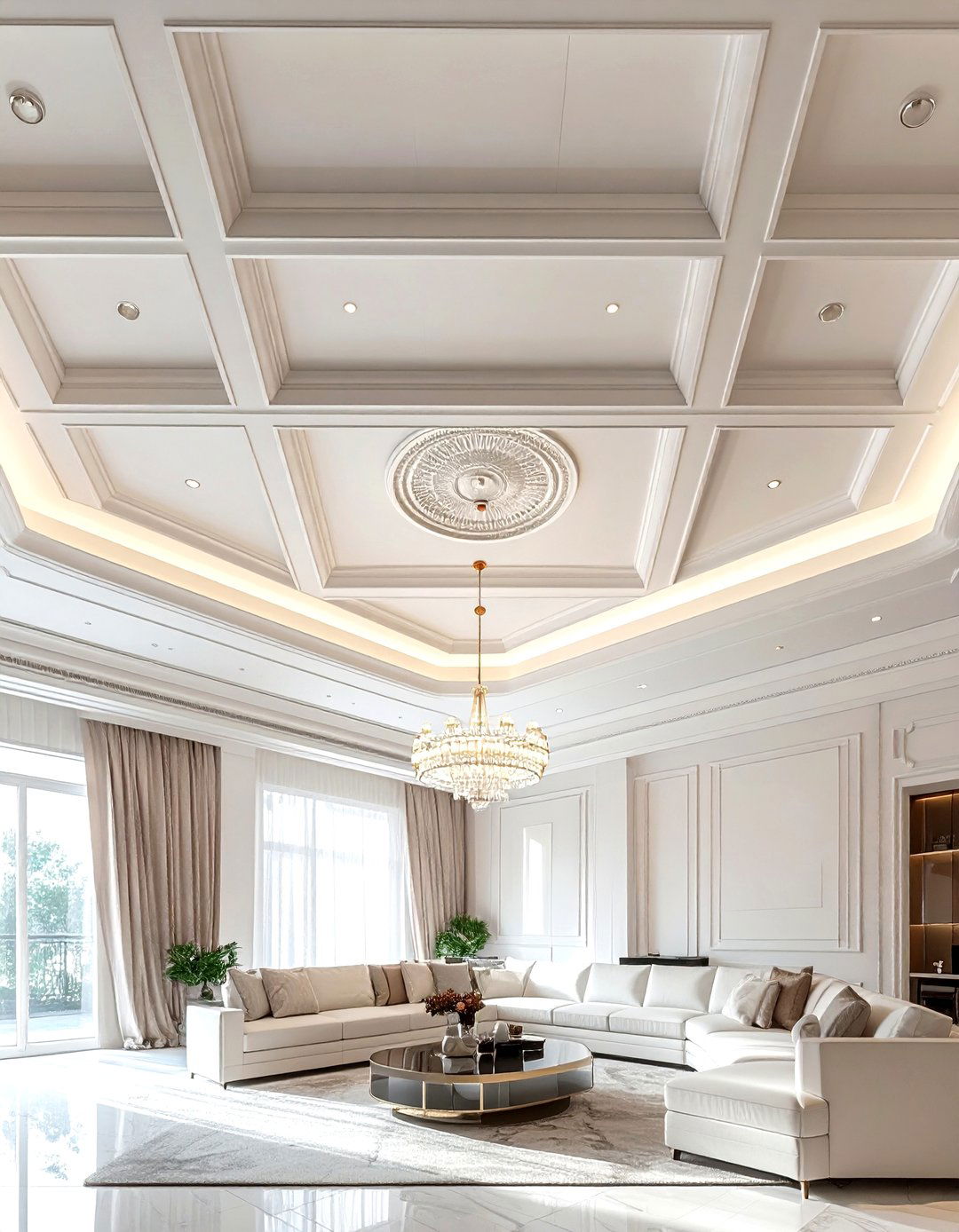 Coffered ceiling medallion - 30 living room ceiling medallion ideas