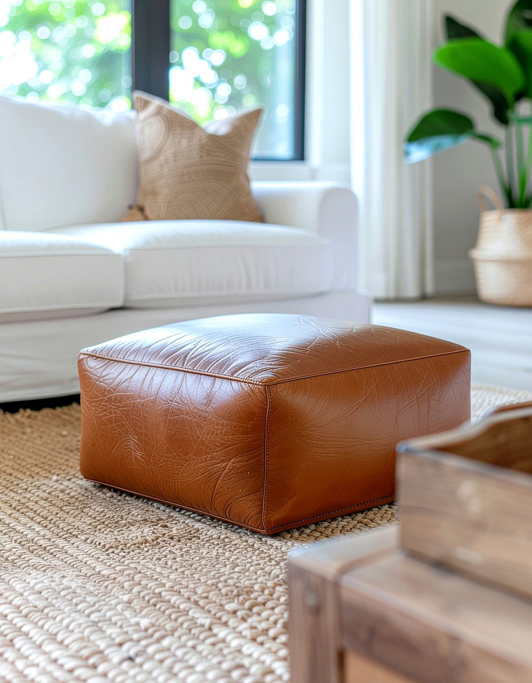 Cognac Leather Square Ottoman - 30 living room ottoman coffee tables
