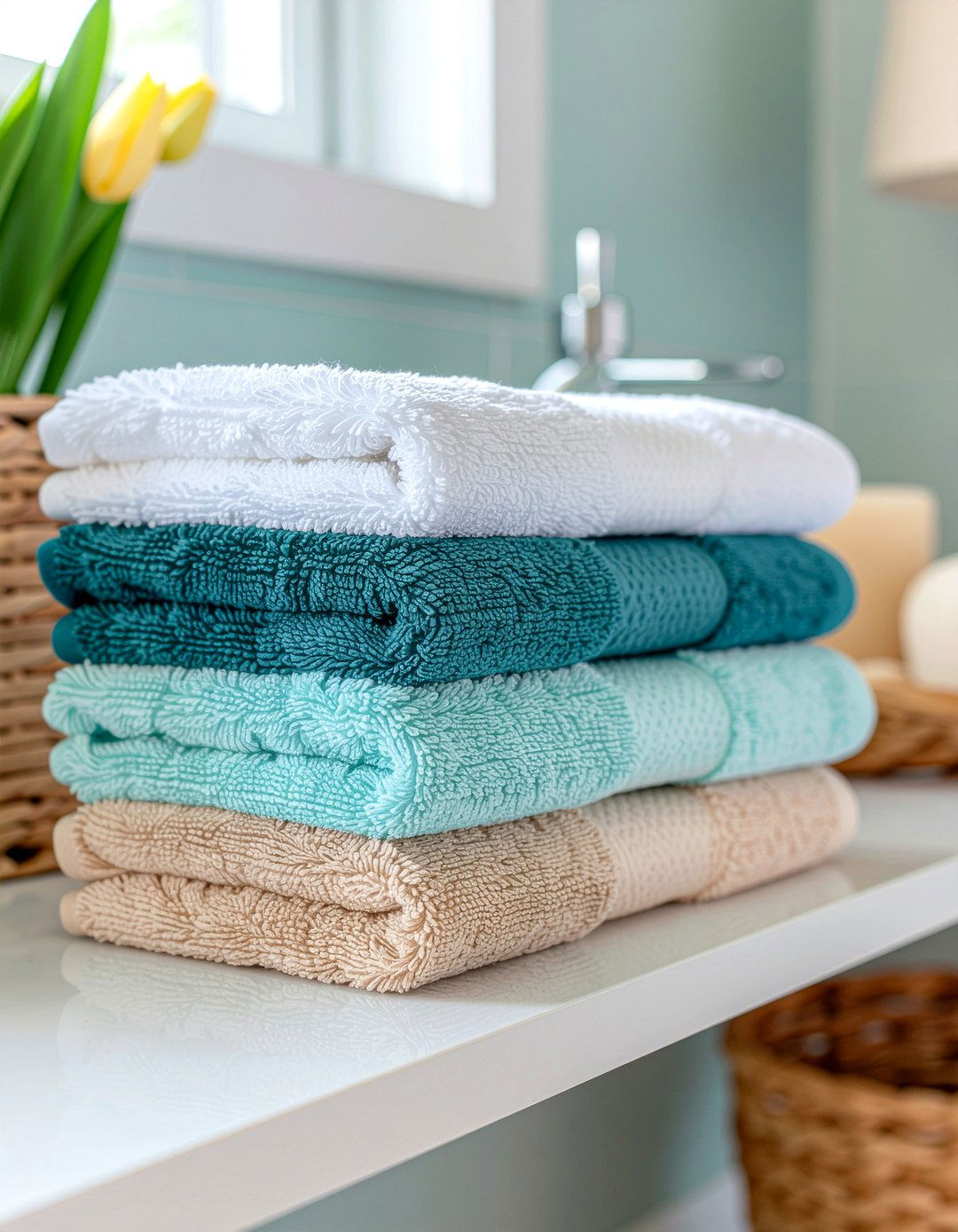 Color Blocked Towel Stack - 30 bathroom towel styling ideas