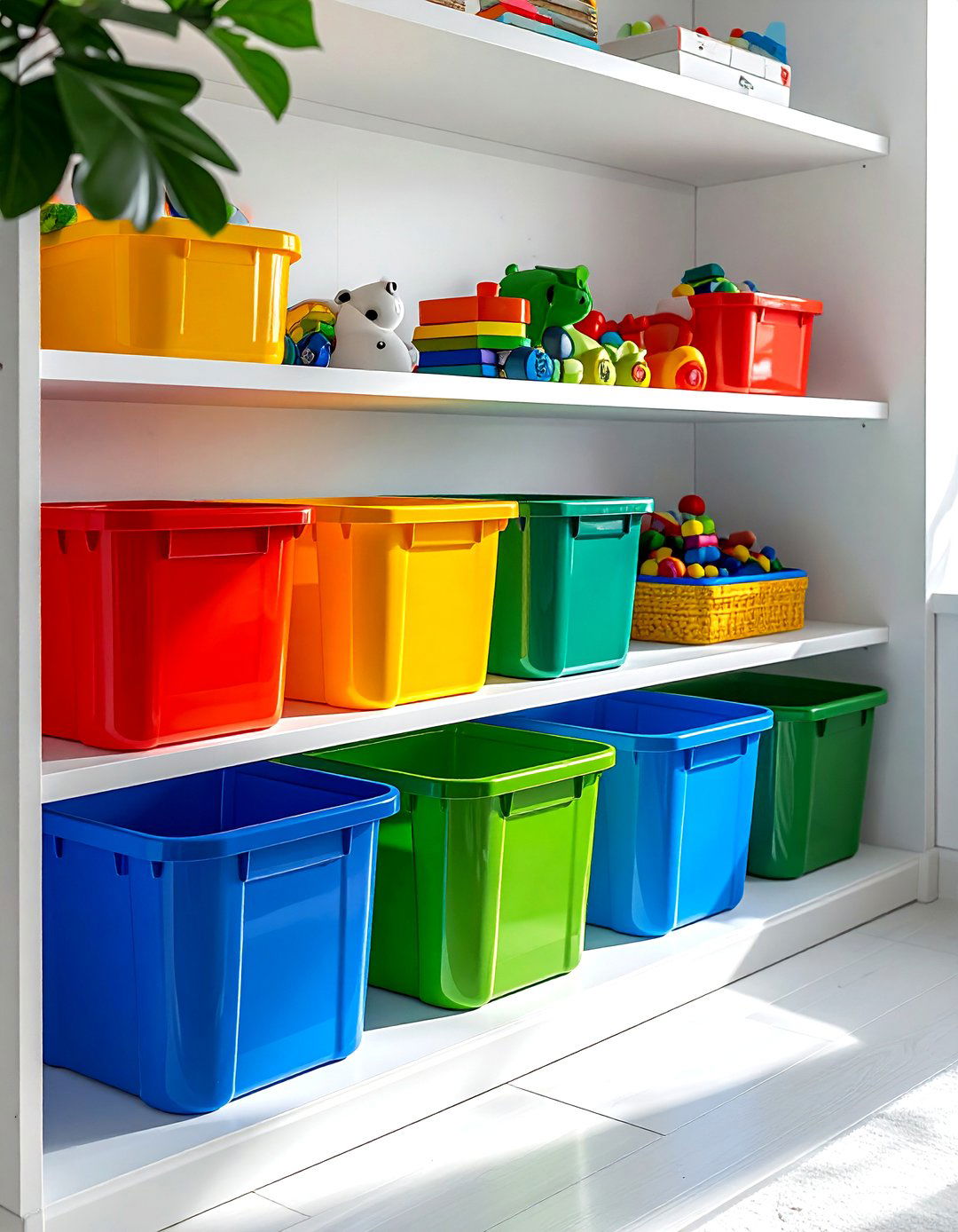 Color coded toy bins - 30 playroom storage ideas