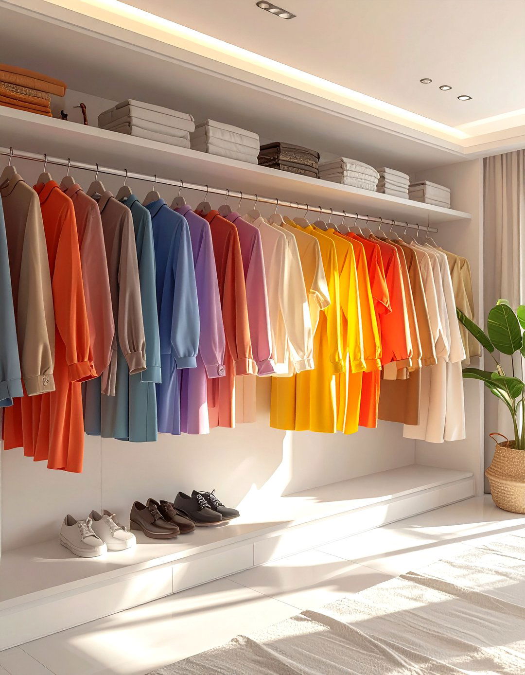 Color sorted wardrobe layout - 30 bedroom closet organization