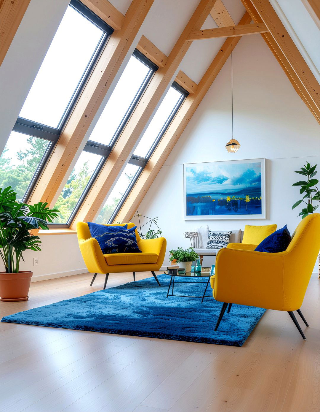 Colorful A frame living room accents - 30 living room A-frame ideas
