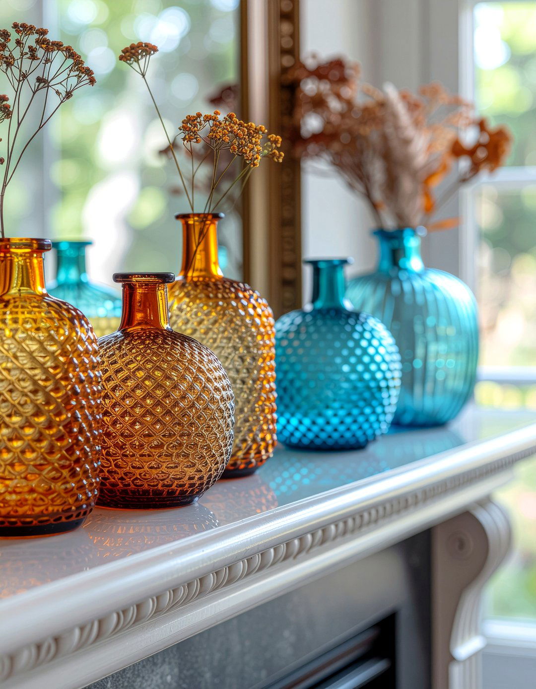 Colorful Glass Bottle - 30 everyday mantel ideas