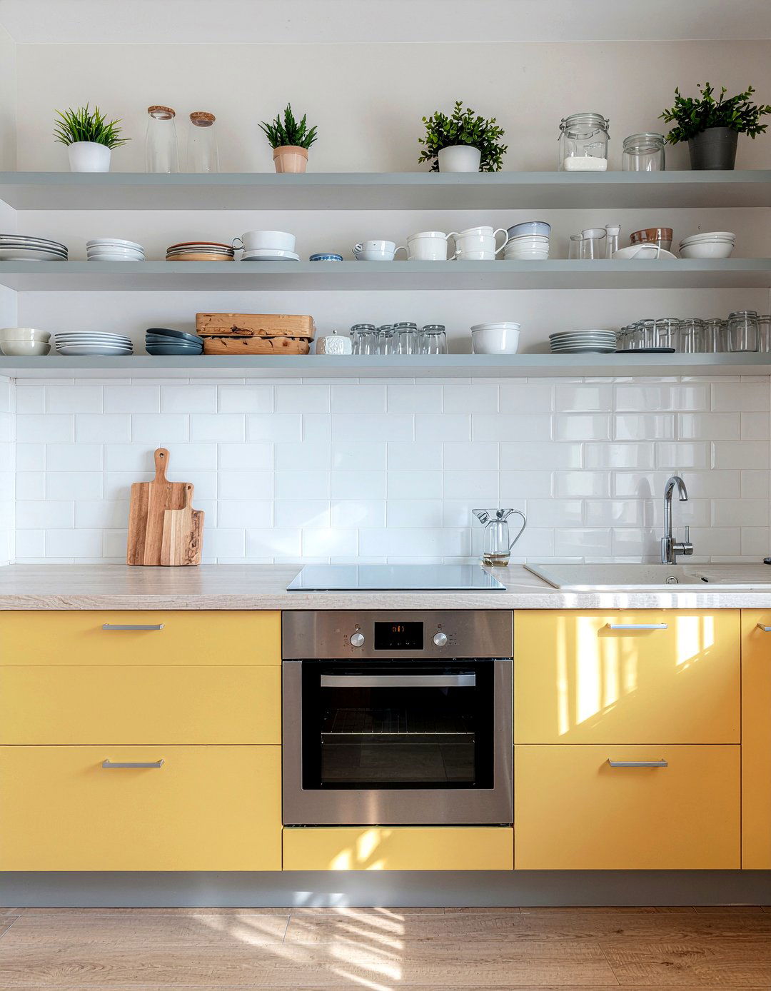 Colorful backsplash with neutral open shelves - 30 open shelf backsplash kitchen ideas