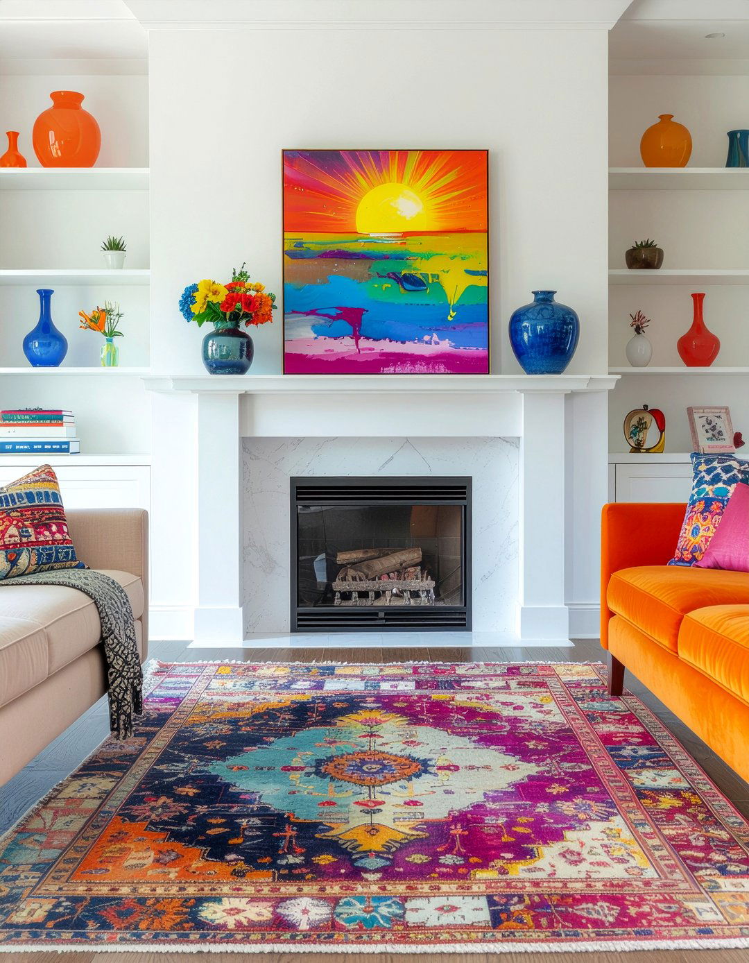 Colorful mantel - 30 living room mantel styling ideas