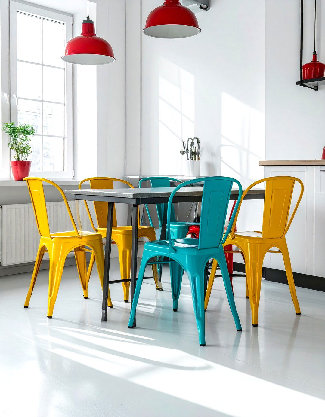 Colorful metal cafe chairs - 30 mismatched dining chair ideas