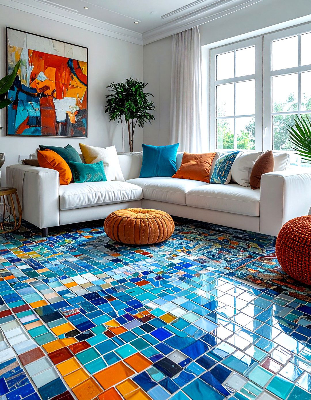 Colorful mosaic floor tile - 30 living room tile ideas