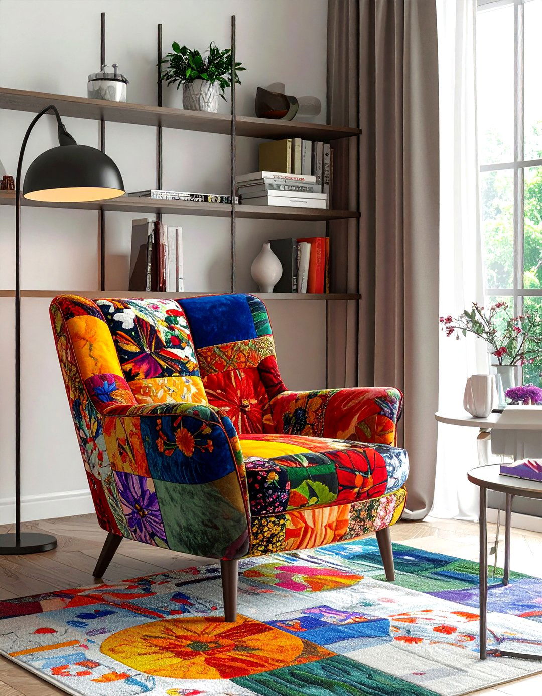Colorful patchwork armchair living room - 30 patchwork living room ideas