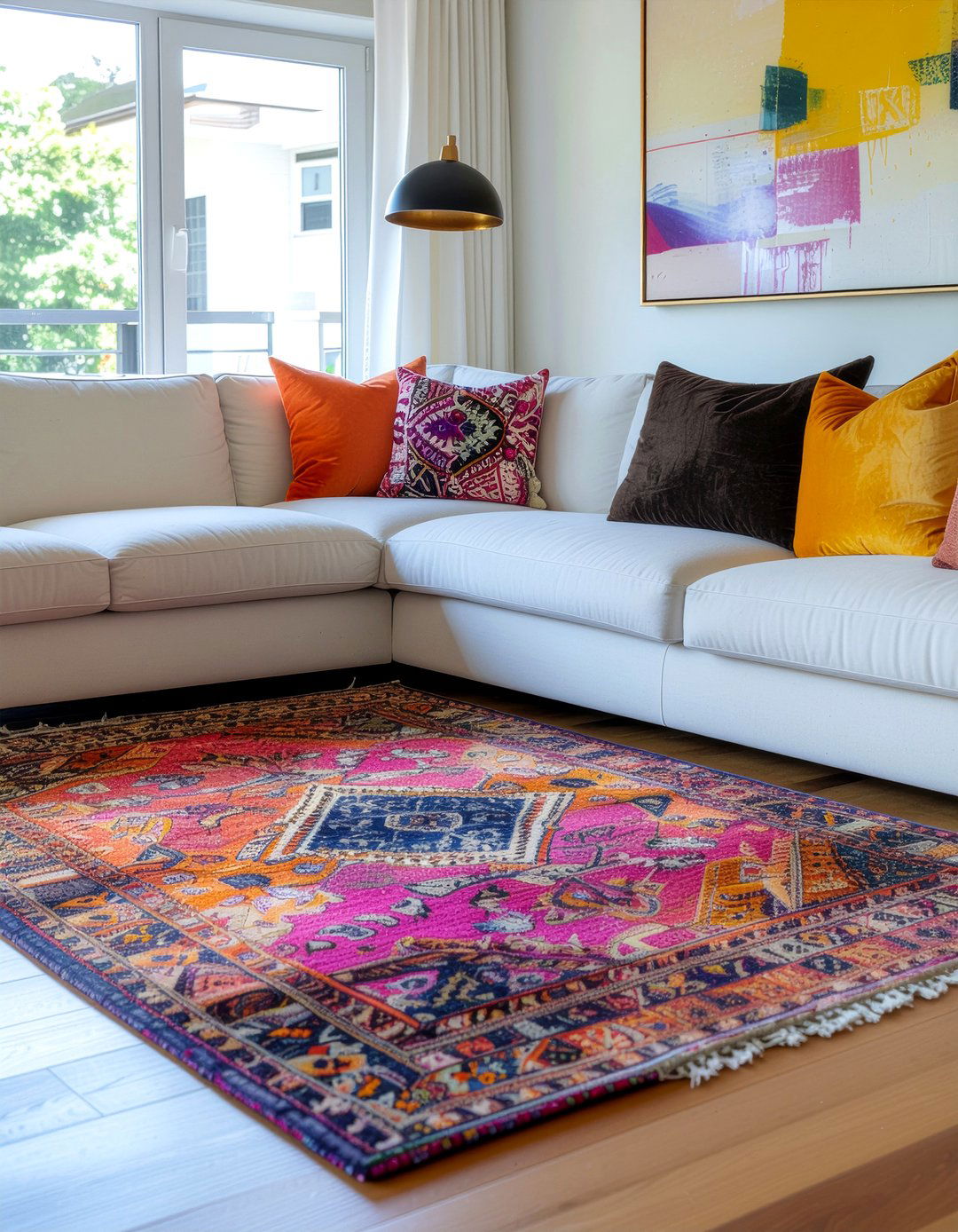 Colorful rug on neutral base - 30 living room rug layering ideas