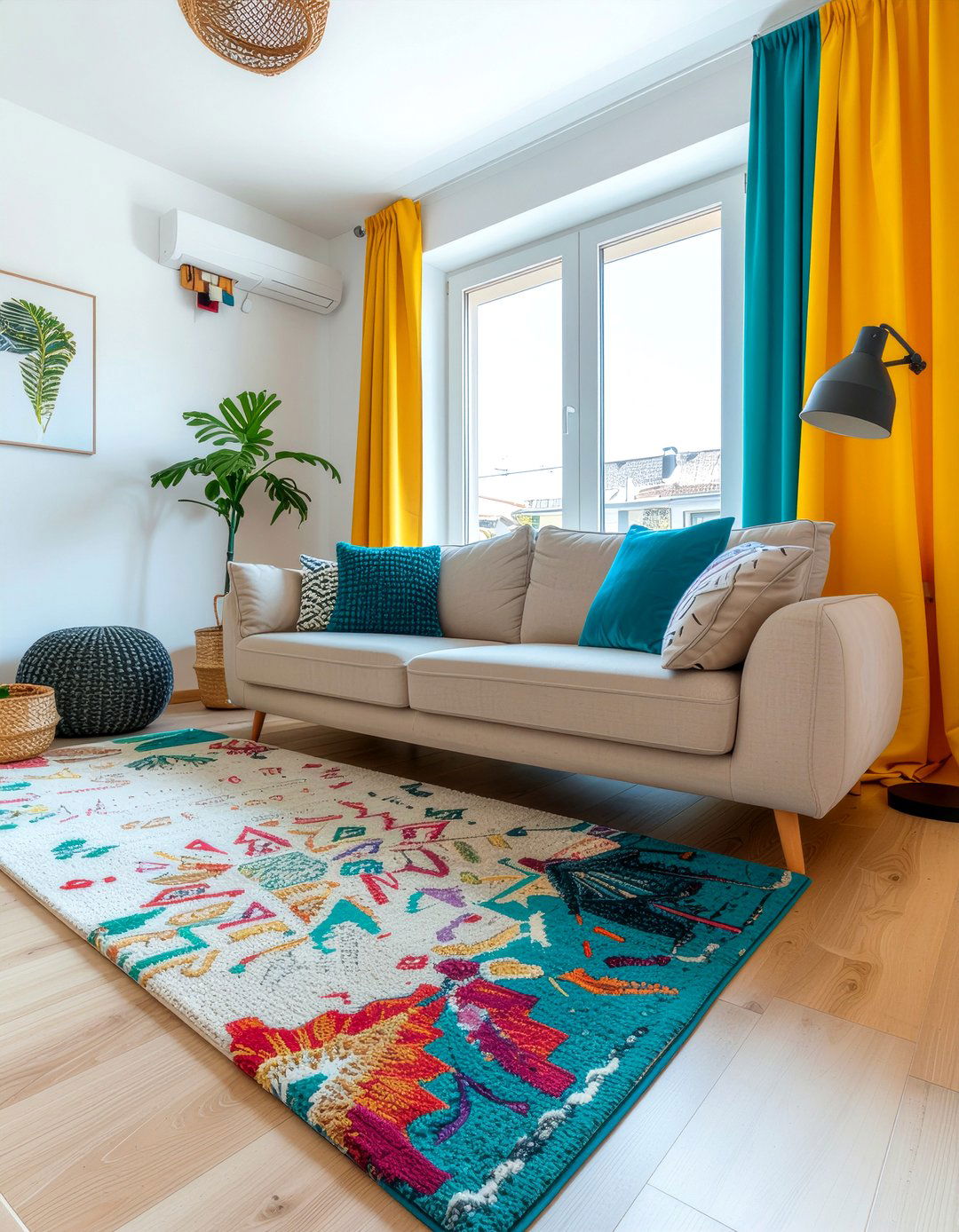 Colorful rug on neutral rug - 30 layered rug ideas