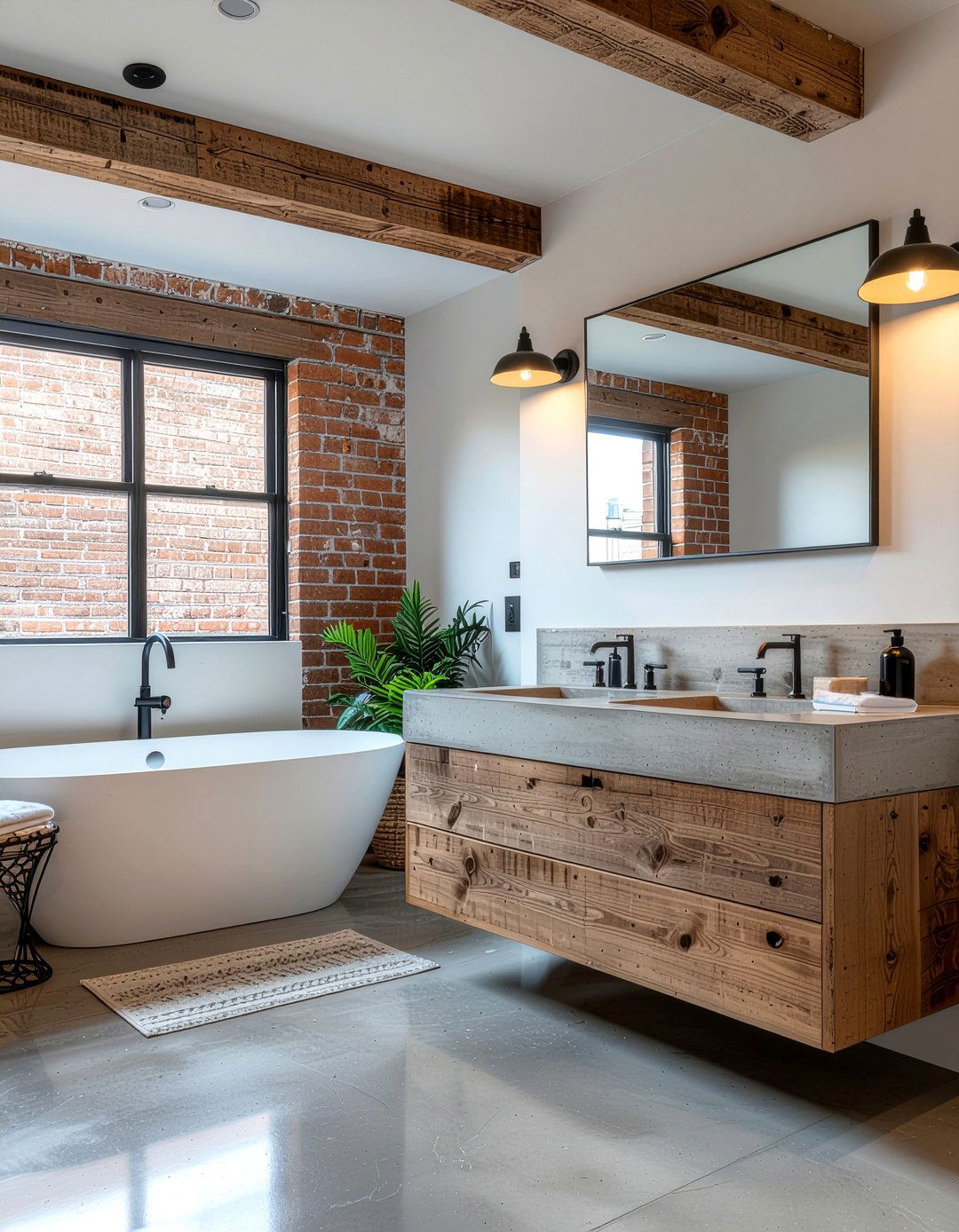 Concrete Surface And Warm Wood - 30 bathroom finish mixing ideas