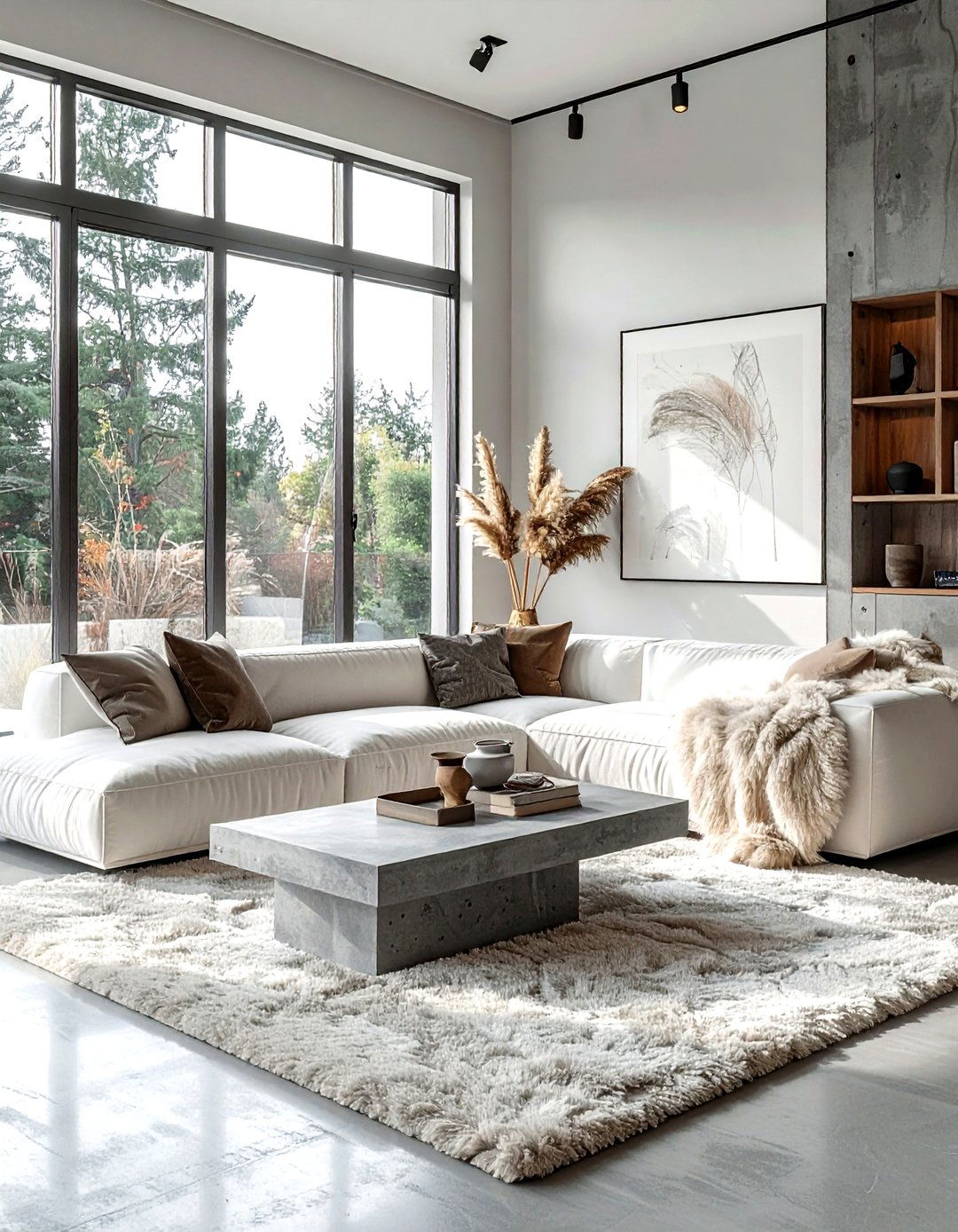 Concrete accent living room - 30 living room texture layering ideas