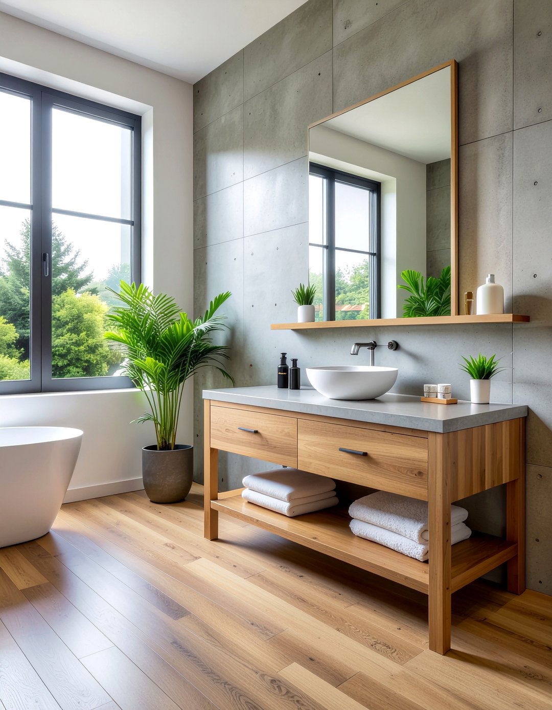 Concrete and wood bathroom vanity - 30 bathroom material mixing ideas