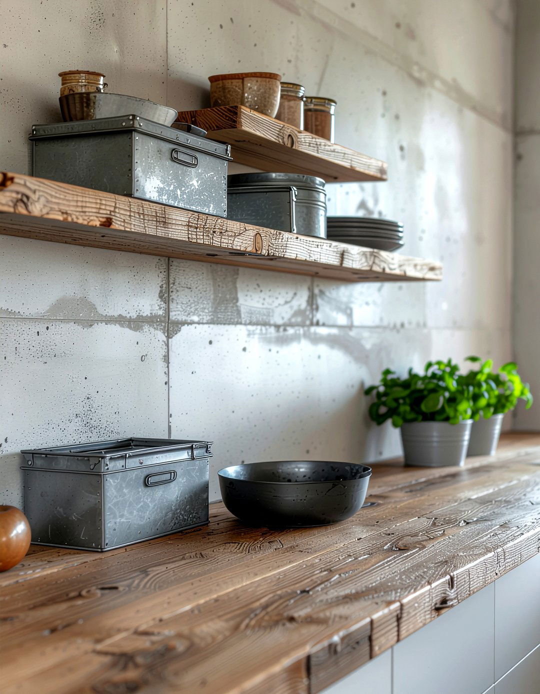 Concrete backsplash with wood shelves - 30 open shelf backsplash kitchen ideas