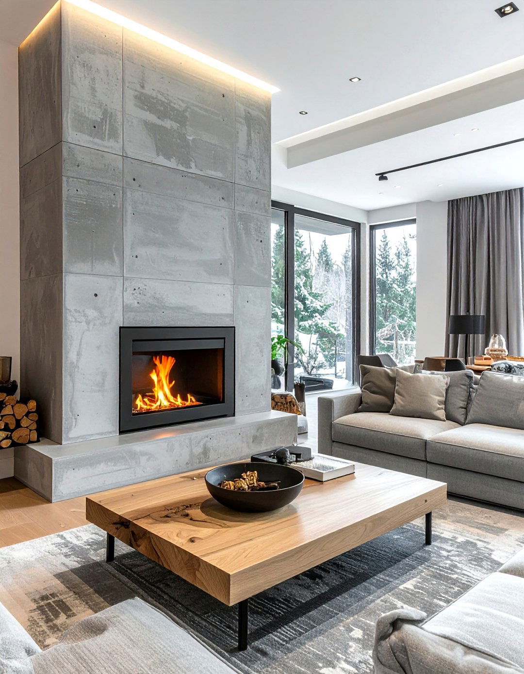 Concrete fireplace surround - 30 living room wood burning fireplace ideas
