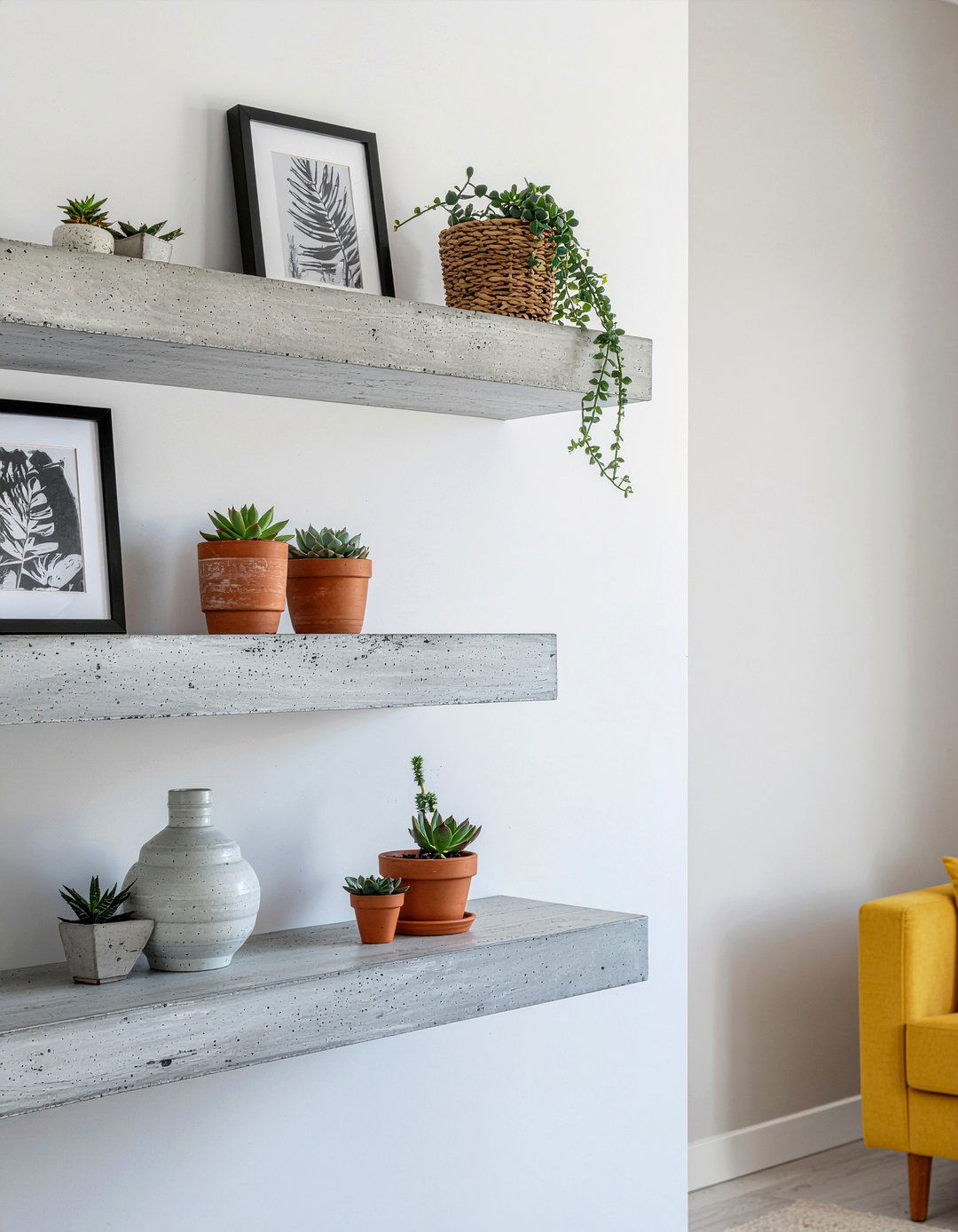 Concrete floating shelves - 30 concrete living room ideas