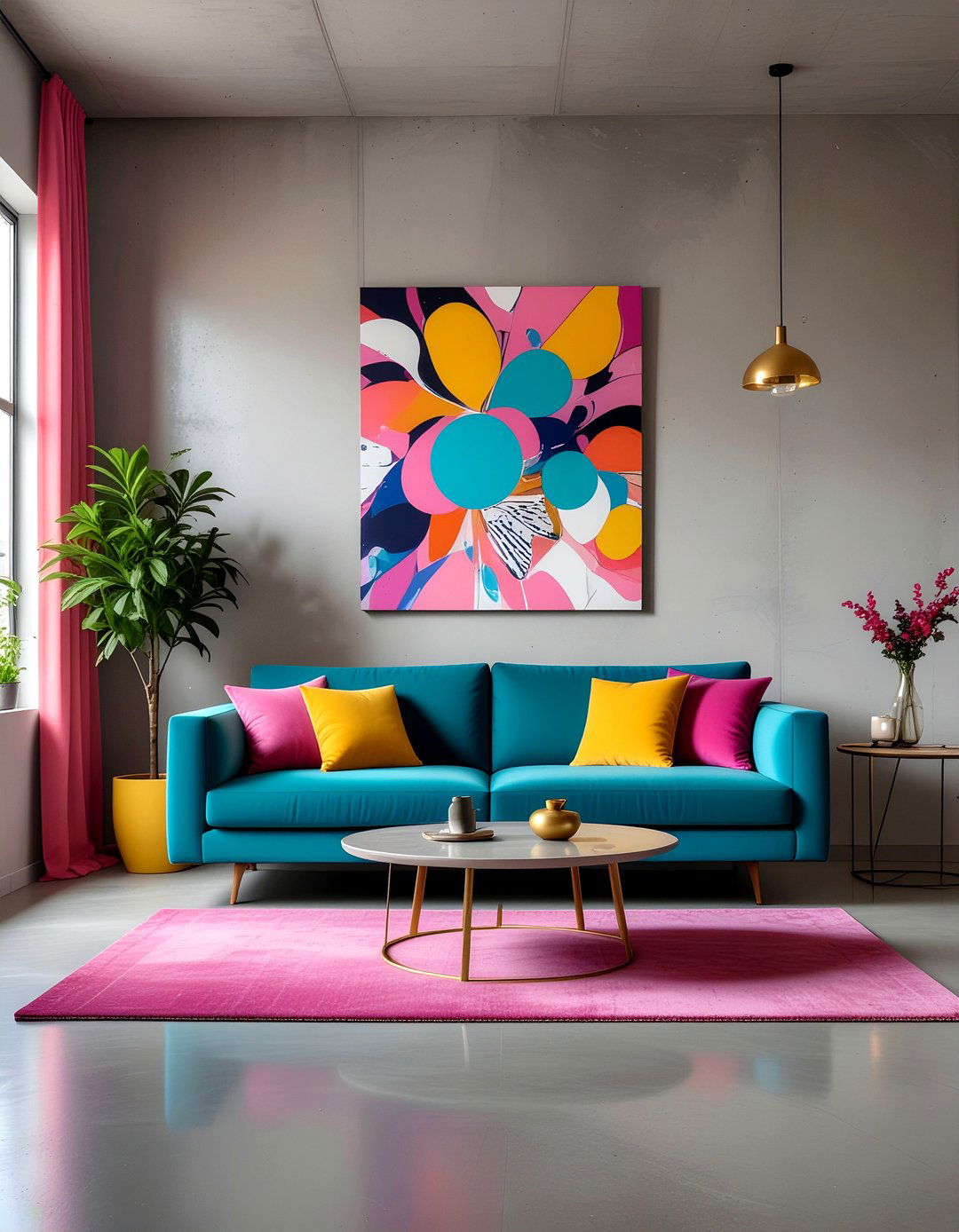 Concrete floor colorful furniture living room - 30 polished concrete living room ideas