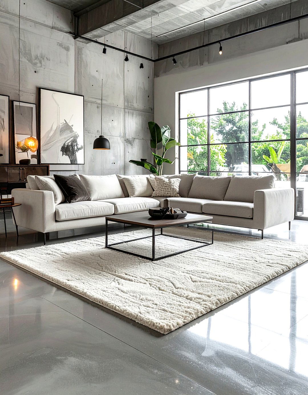 Concrete floor cream rug - 30 industrial cream living room ideas